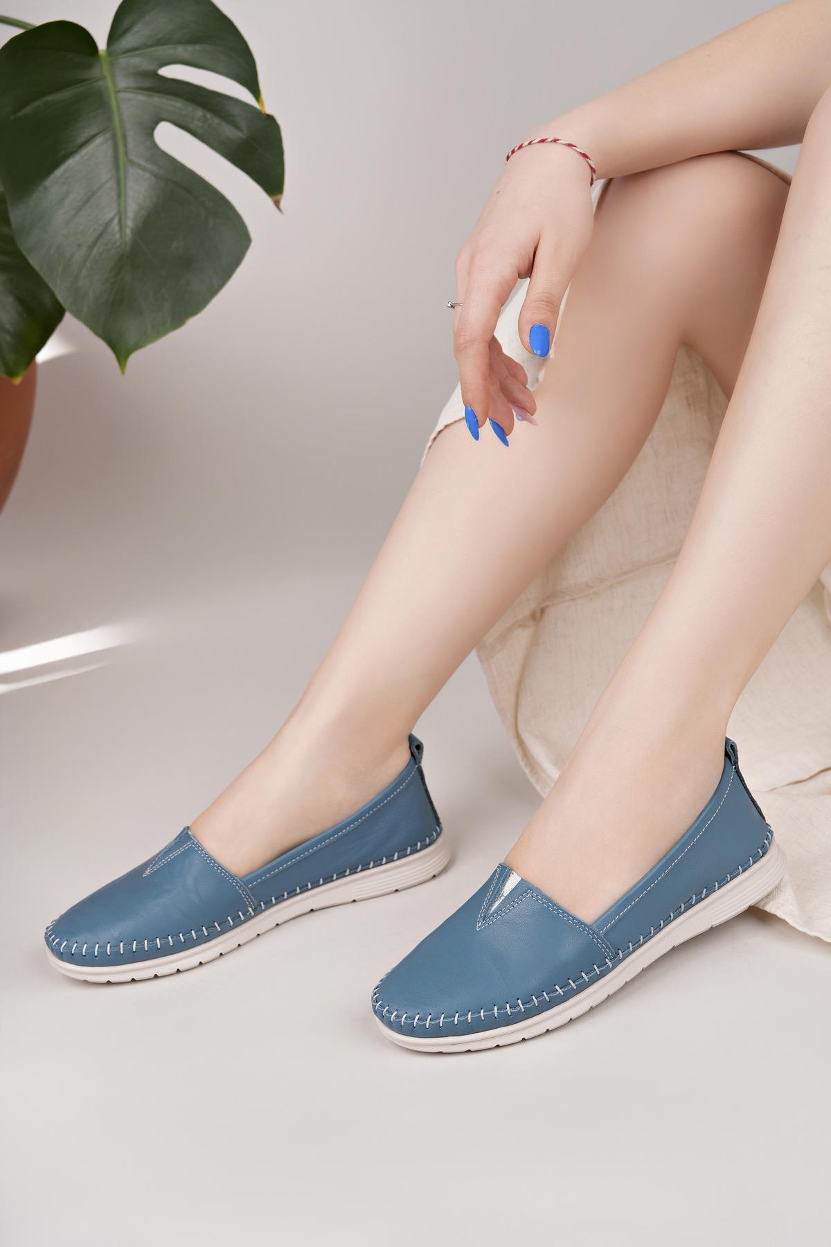 Nesil Shoes Knc 033 Mavi Hakiki Soft Deri Kadın Ayakkabı