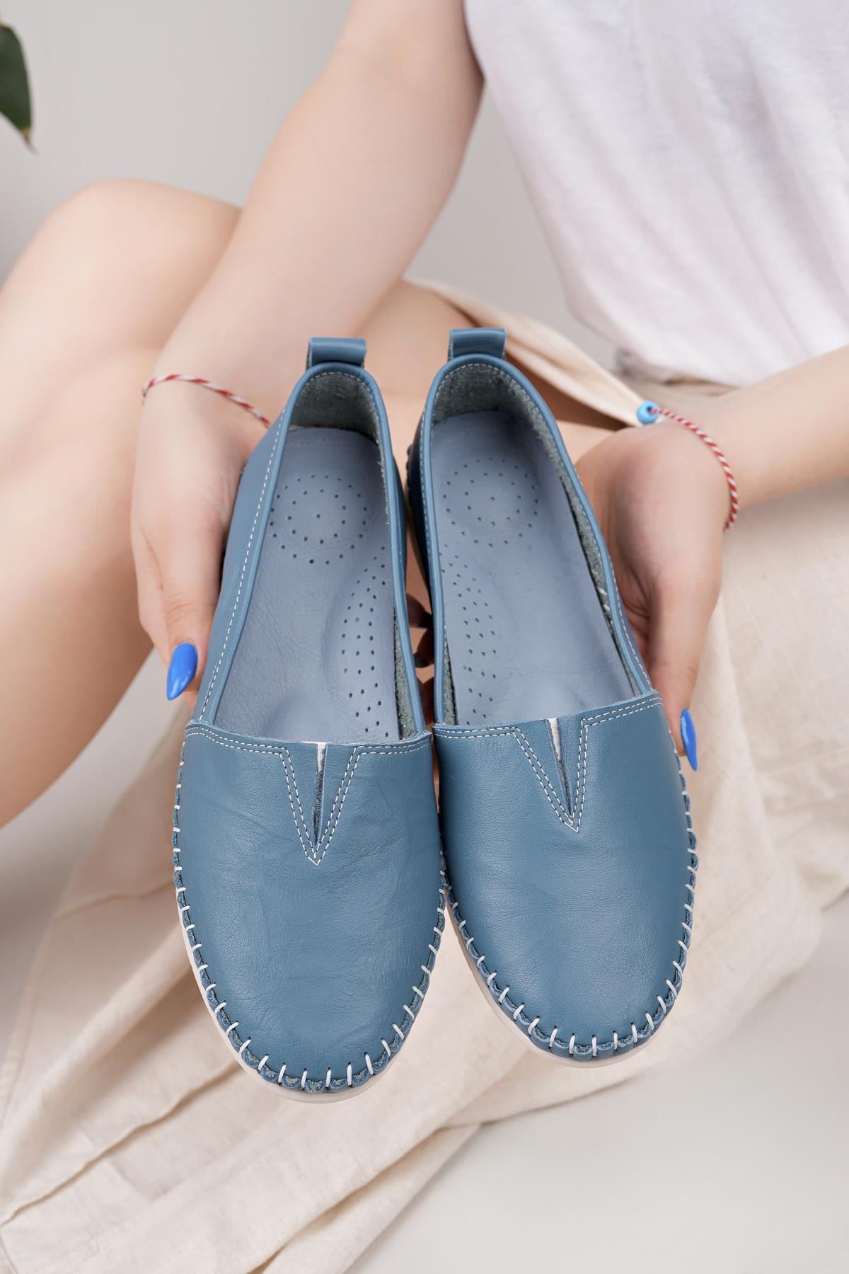 Nesil Shoes Knc 033 Mavi Hakiki Soft Deri Kadın Ayakkabı