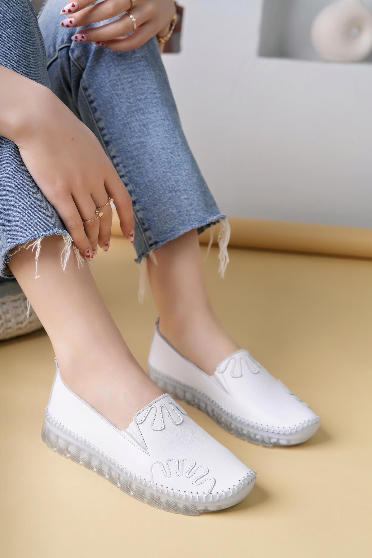 Nesil Shoes Knc 10 Beyaz Hakiki Deri Şeffaf Taban Kadın Ayakkabı