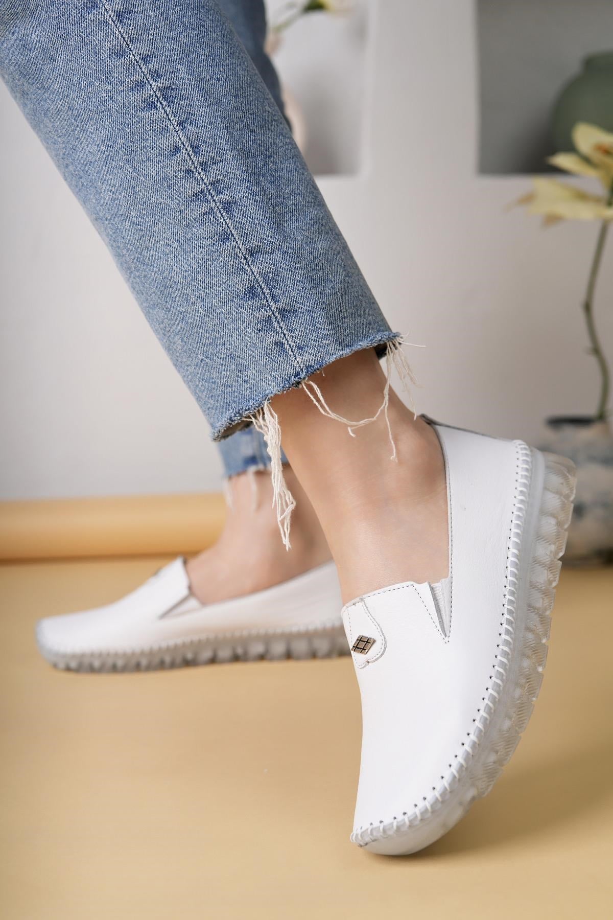 Nesil Shoes Knc 14 Beyaz Hakiki Deri Şeffaf Taban Kadın Ayakkabı