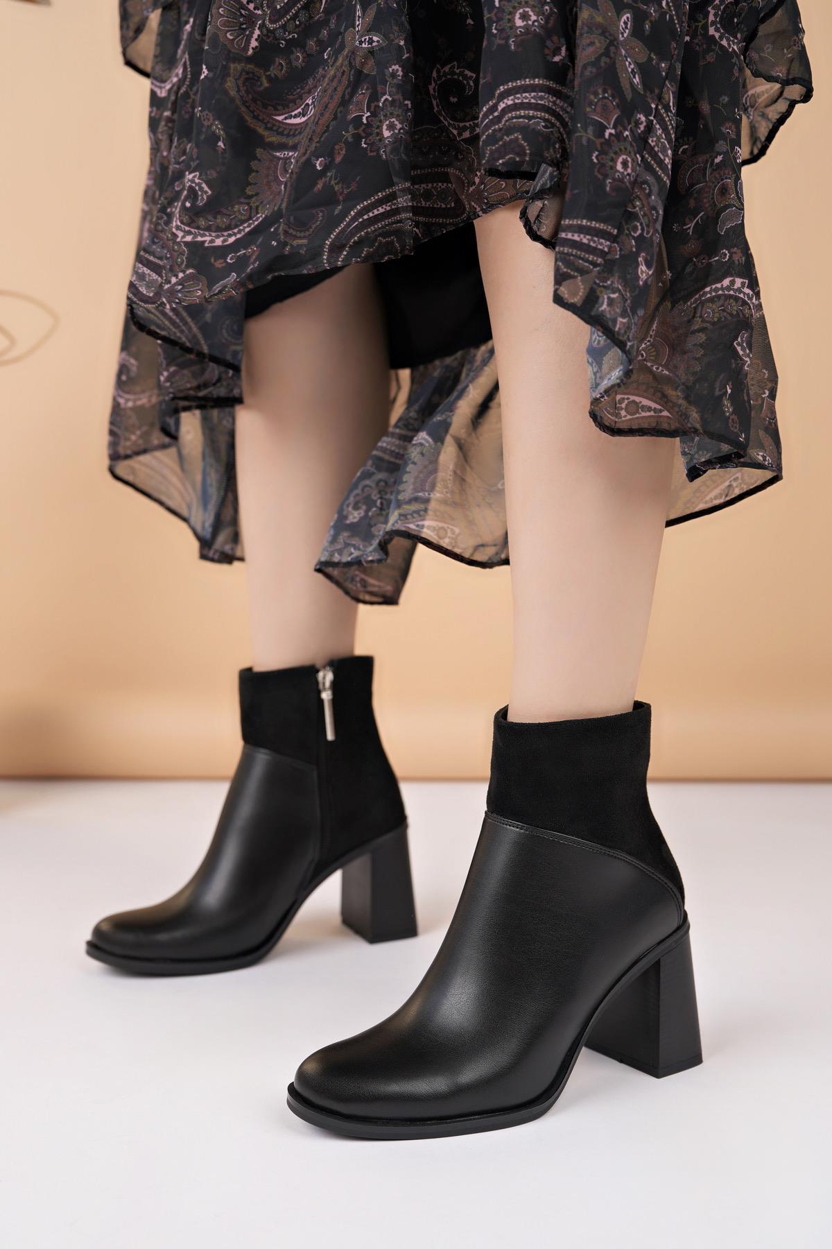 Nesil Shoes Mddm 1012 Siyah Garni Süet Topuklu Kadın Bot