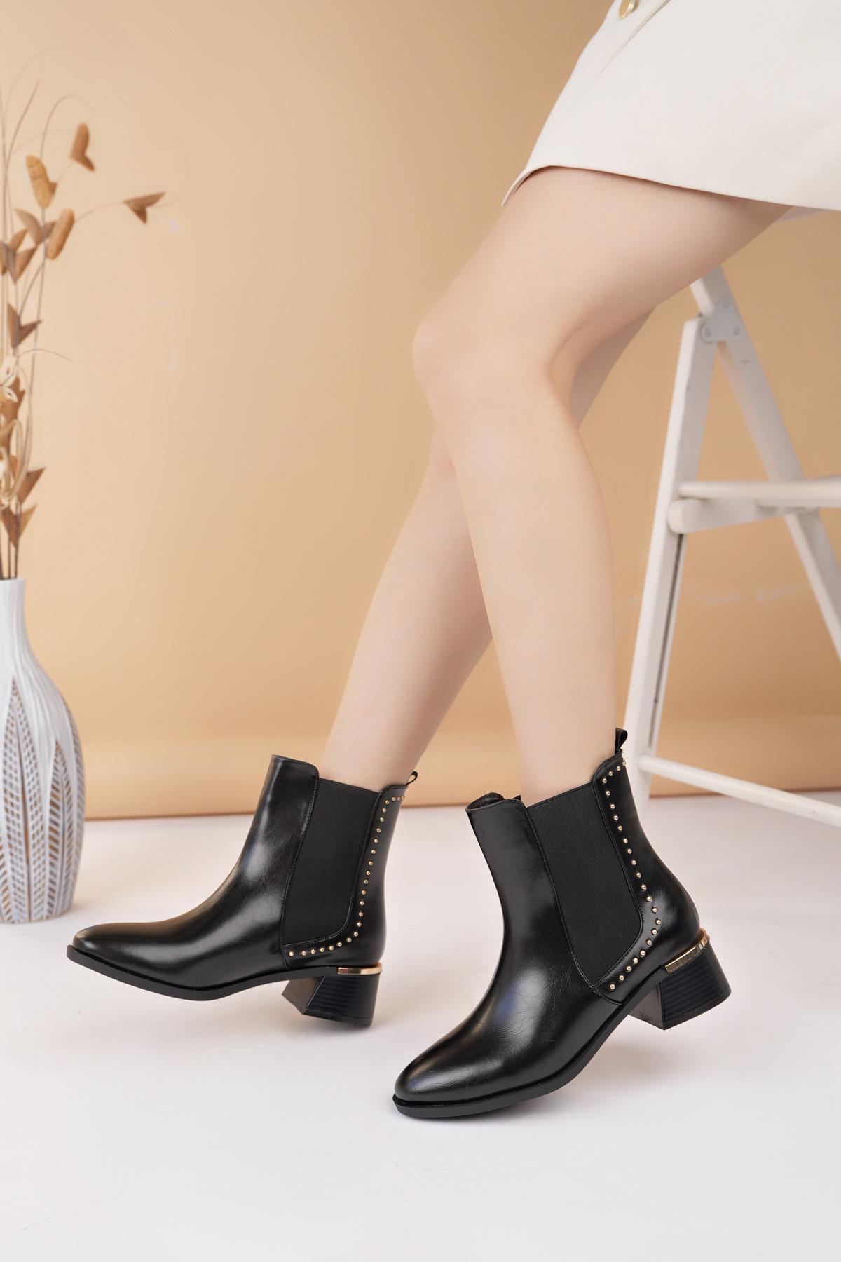 Nesil Shoes Mddm 9782 Siyah Lastikli Topuklu Kadın Bot