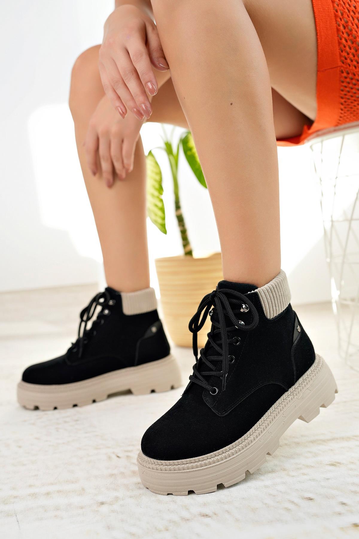 Nesil Shoes Mugo 504 Siyah Süet Bağcıklı Kadın Bot