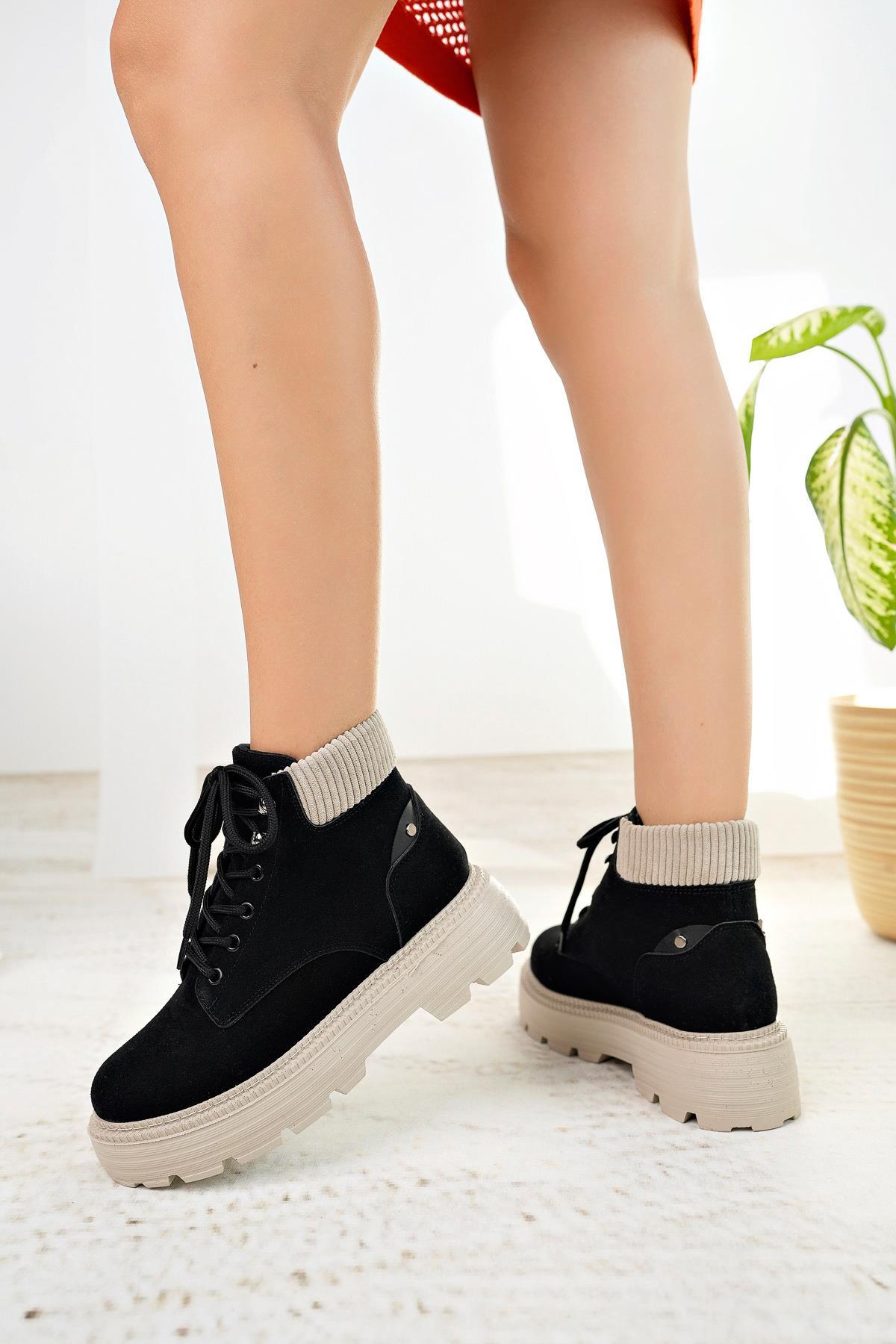 Nesil Shoes Mugo 504 Siyah Süet Bağcıklı Kadın Bot