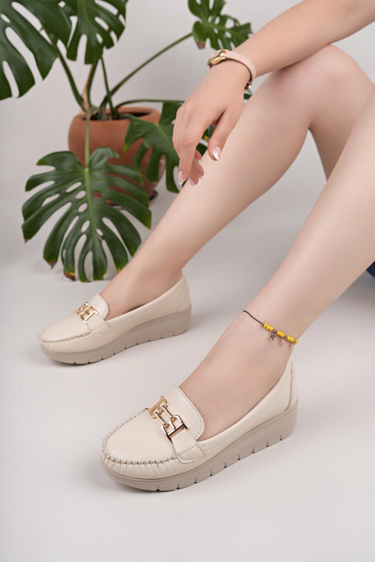 Nesil Shoes Neyna 029 Bej Dolgu Topuk Kadın Ayakkabı