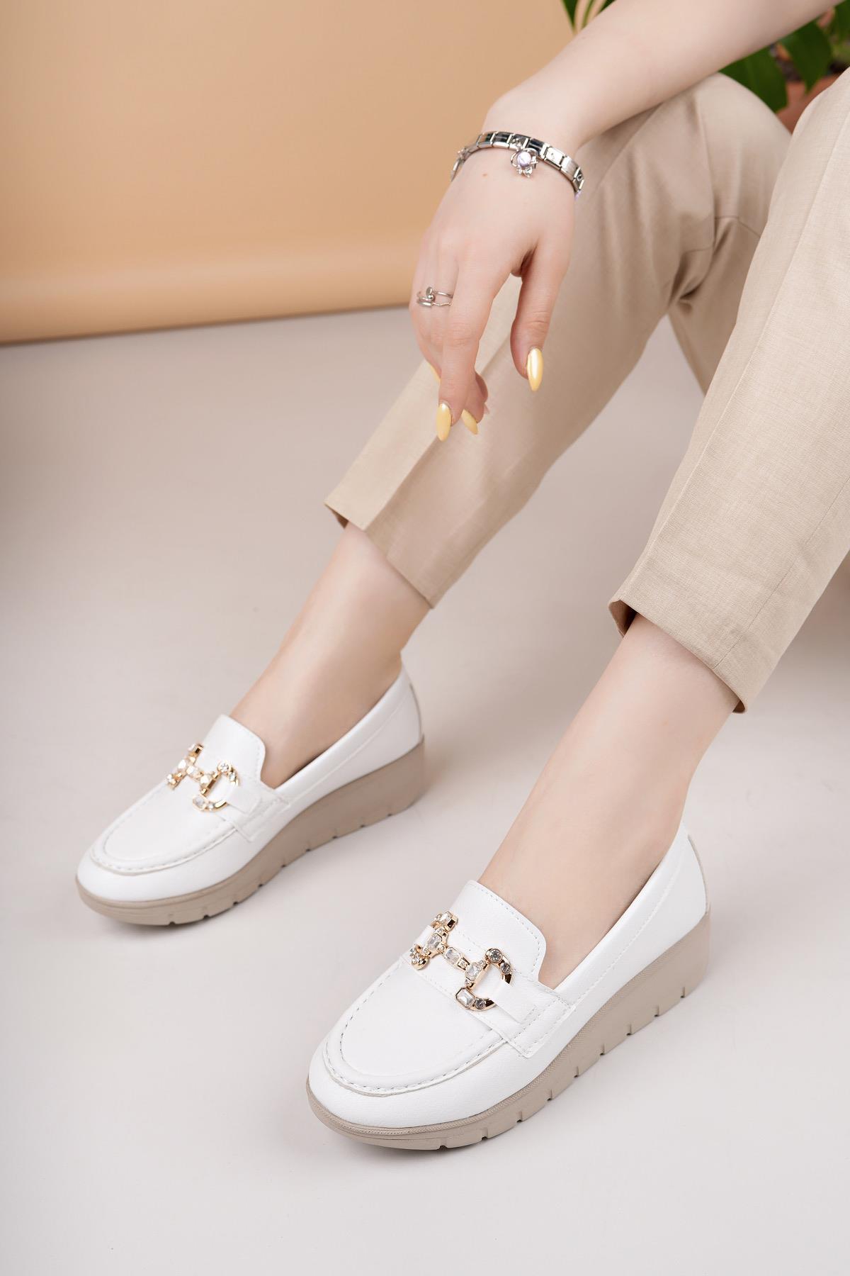 Nesil Shoes Neyna 1047 Beyaz Dolgu Topuk Kadın Ayakkabı