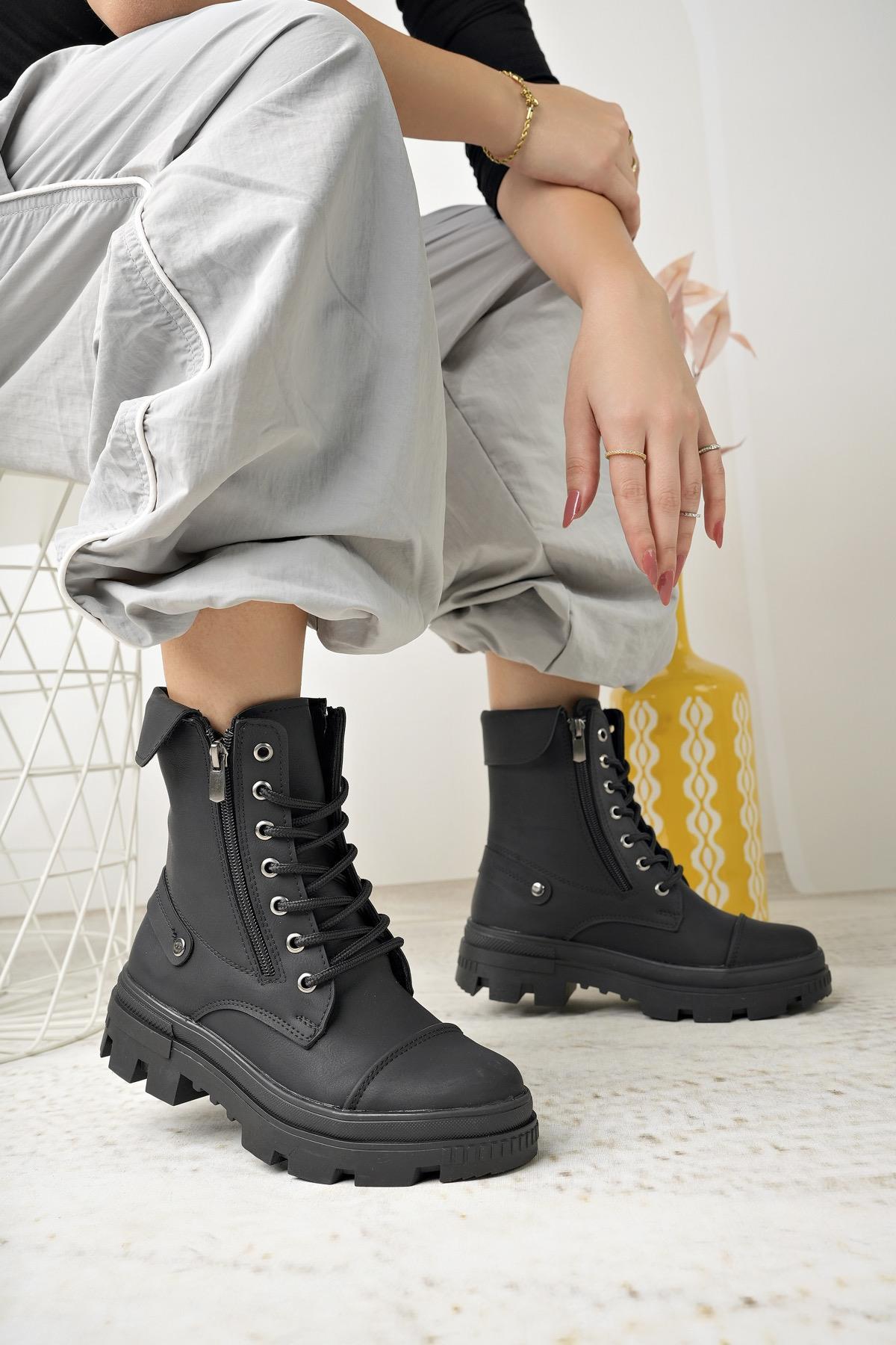 Nesil Shoes Neyna 1337 Siyah Zümrüt Bağcıklı Kadın Bot