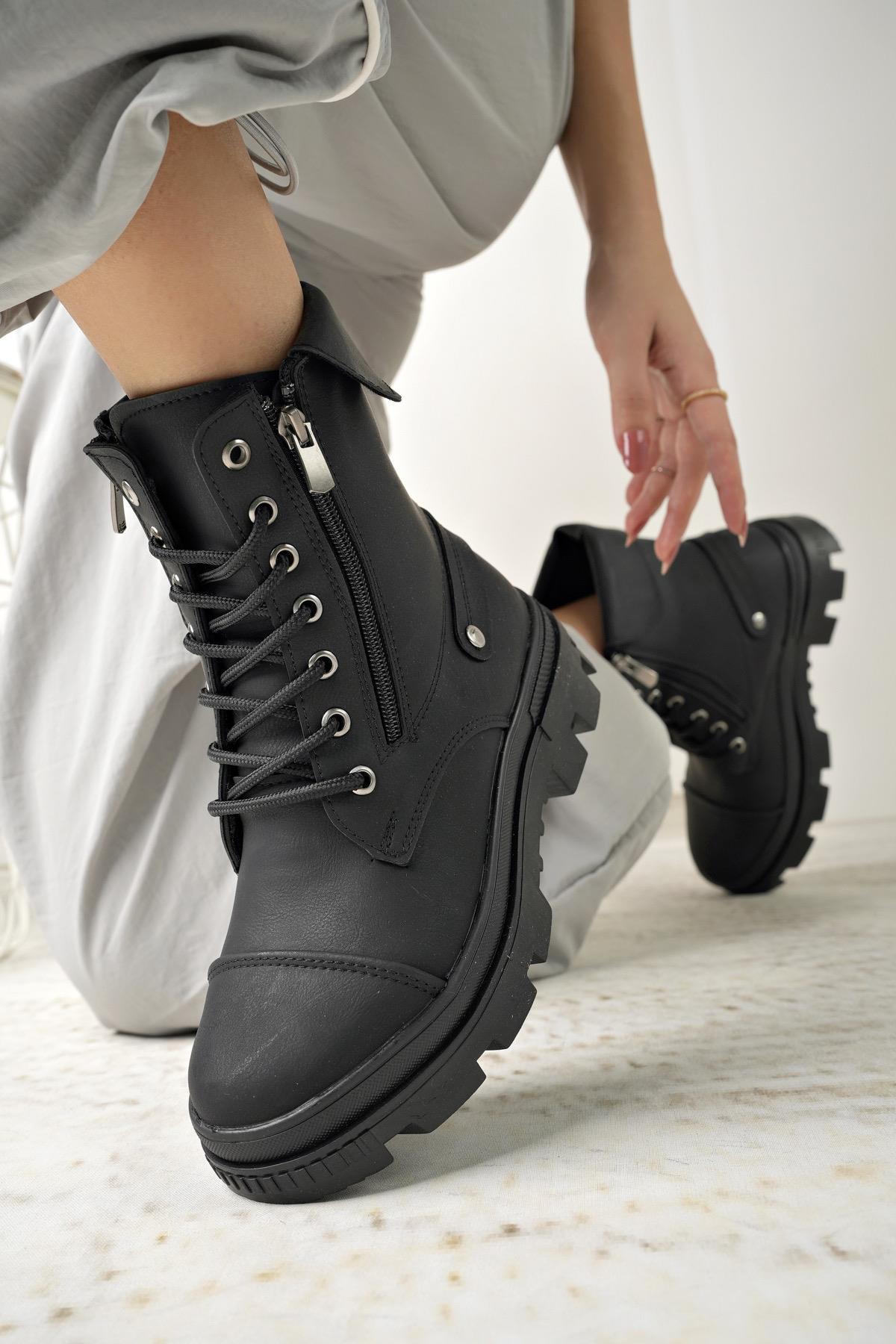 Nesil Shoes Neyna 1337 Siyah Zümrüt Bağcıklı Kadın Bot