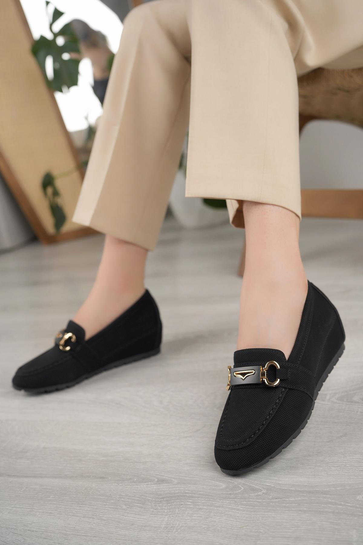 Nesil Shoes Neyna Gd01 Siyah Süet Gizli Topuk Kadın Ayakkabı