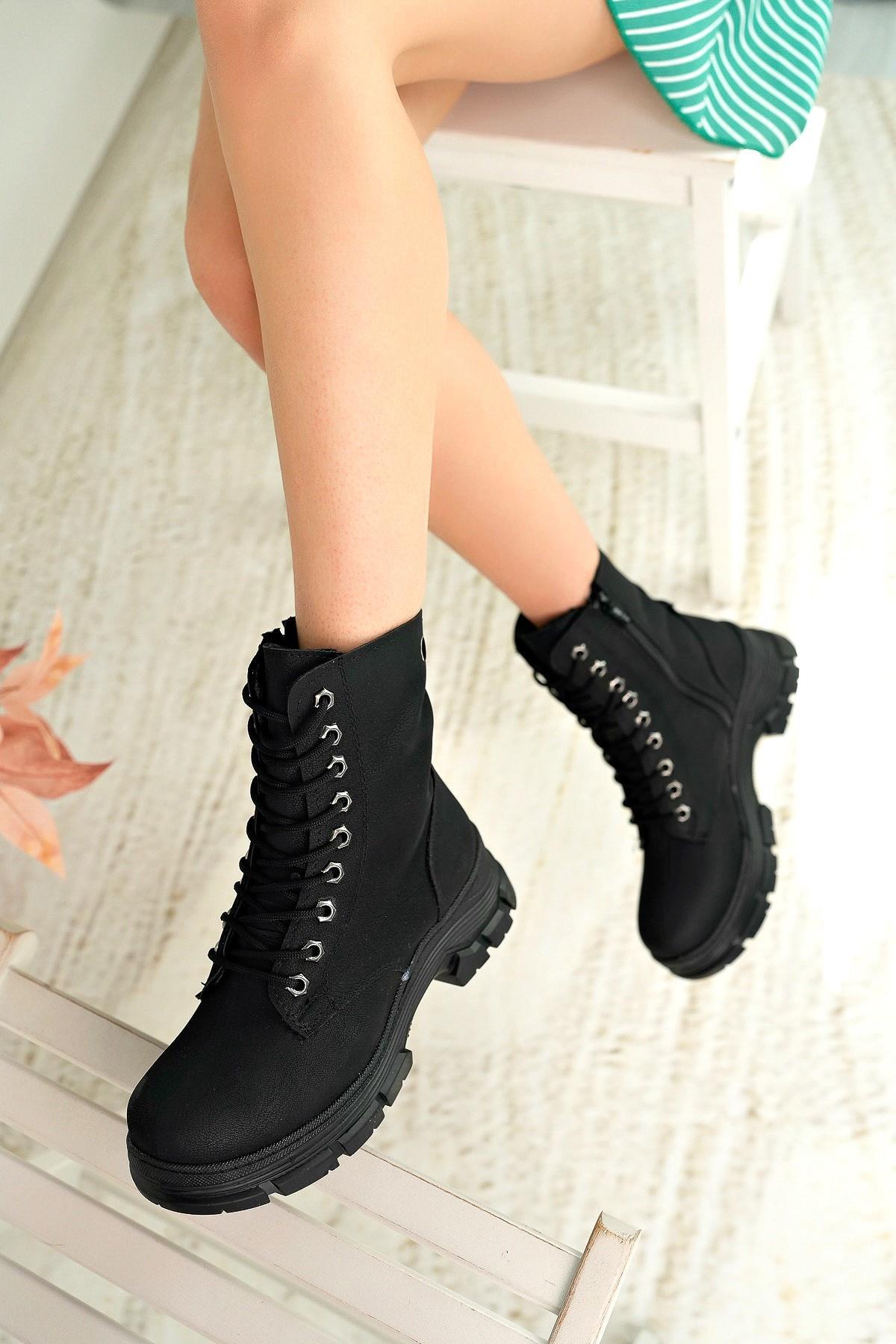 Nesil Shoes Nstar 208 Siyah Zümrüt Fermuarlı Kadın Bot