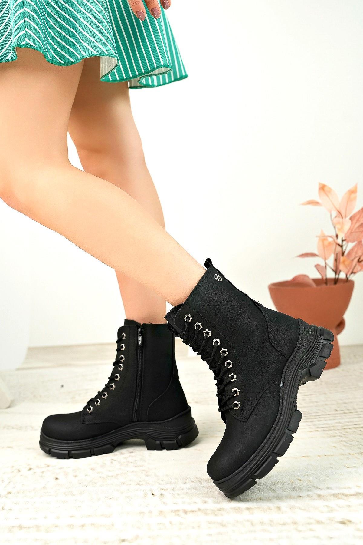 Nesil Shoes Nstar 208 Siyah Zümrüt Fermuarlı Kadın Bot