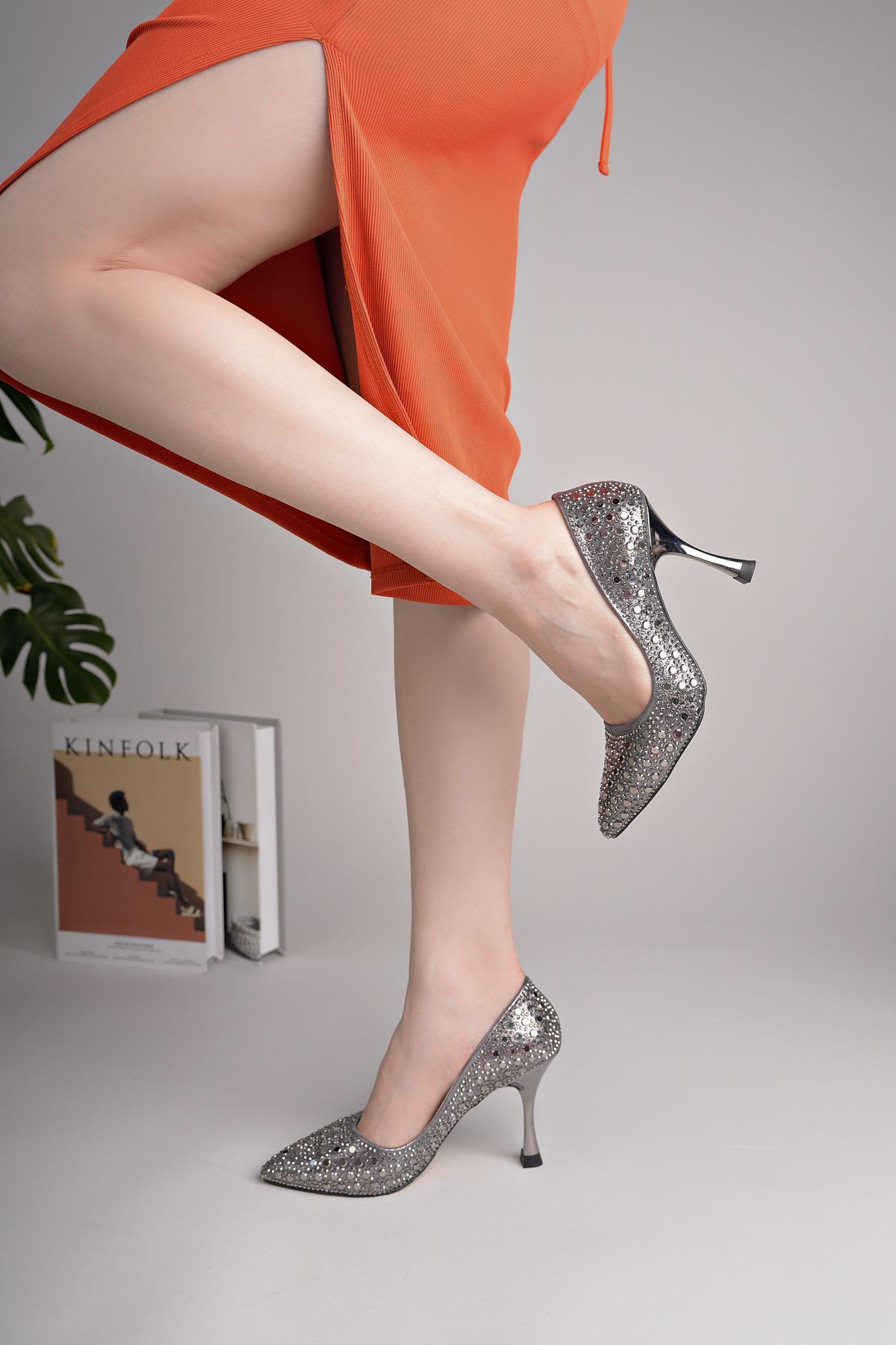Nesil Shoes Özma 500 Platin Taşlı Topuklu Kadın Stiletto