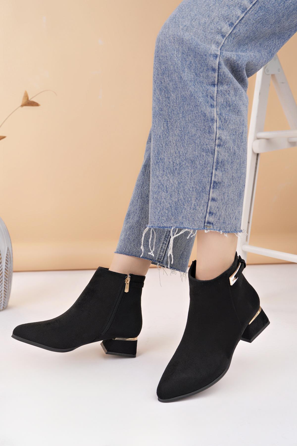 Nesil Shoes Özma 701 Siyah Süet Topuklu Kışlık Kadın Bot