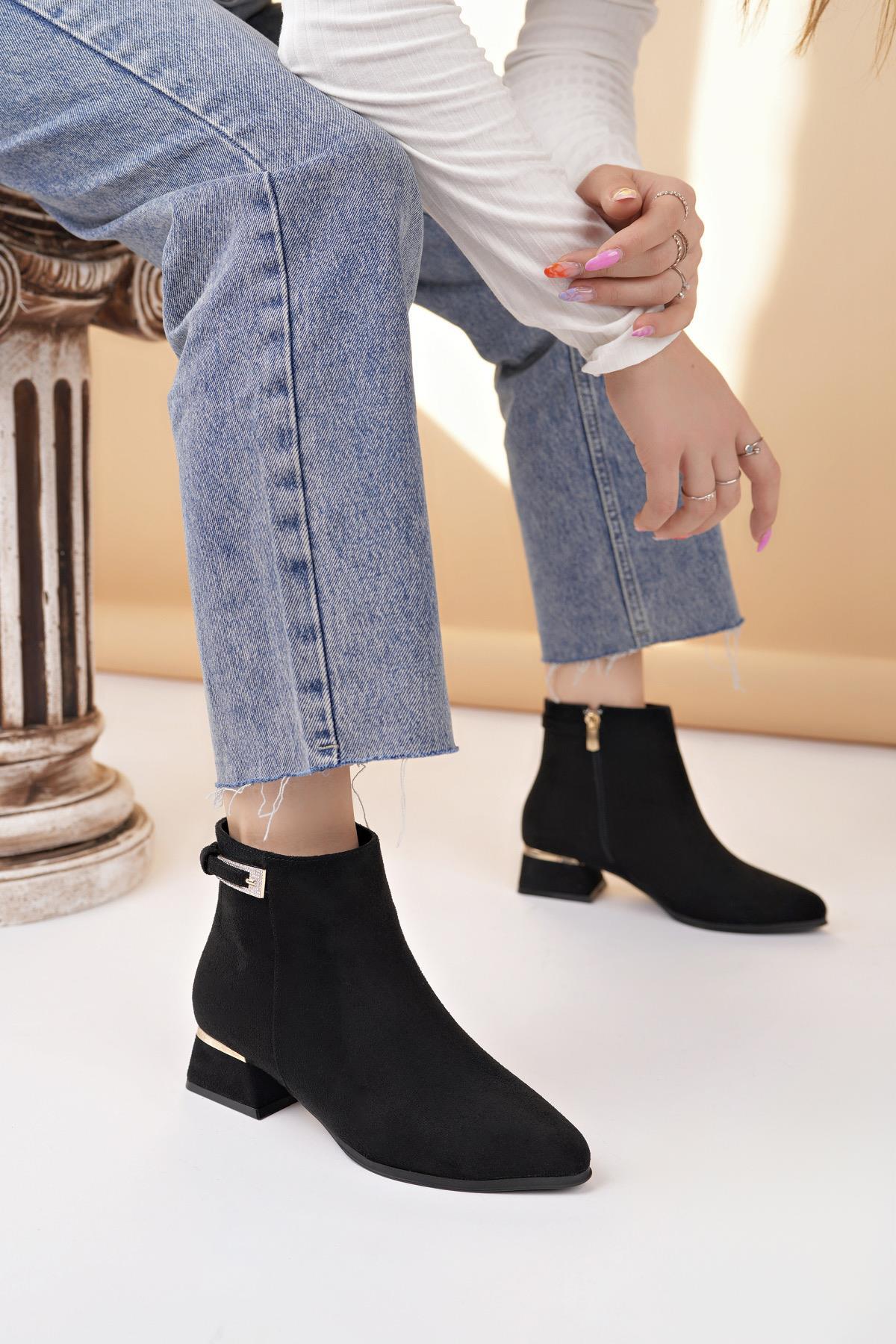 Nesil Shoes Özma 701 Siyah Süet Topuklu Kışlık Kadın Bot