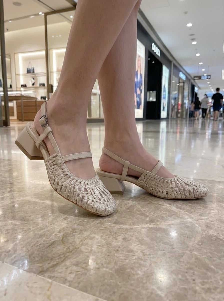 Nesil Shoes Pine 2023 Bej Topuklu Örgü Kadın Sandalet