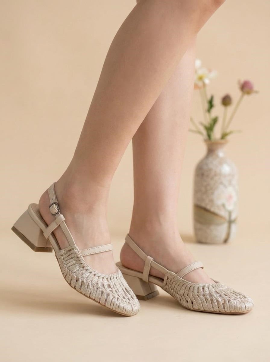 Nesil Shoes Pine 2023 Bej Topuklu Örgü Kadın Sandalet