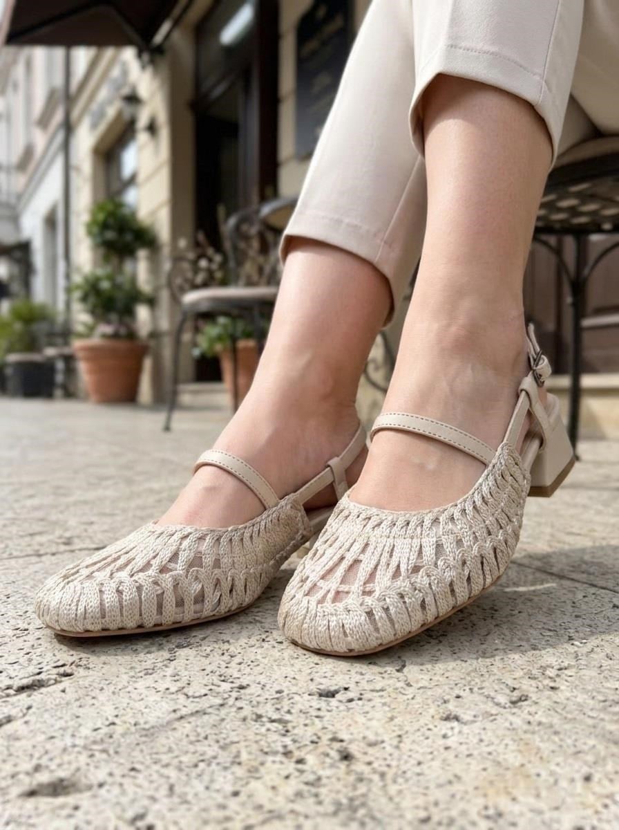 Nesil Shoes Pine 2023 Bej Topuklu Örgü Kadın Sandalet