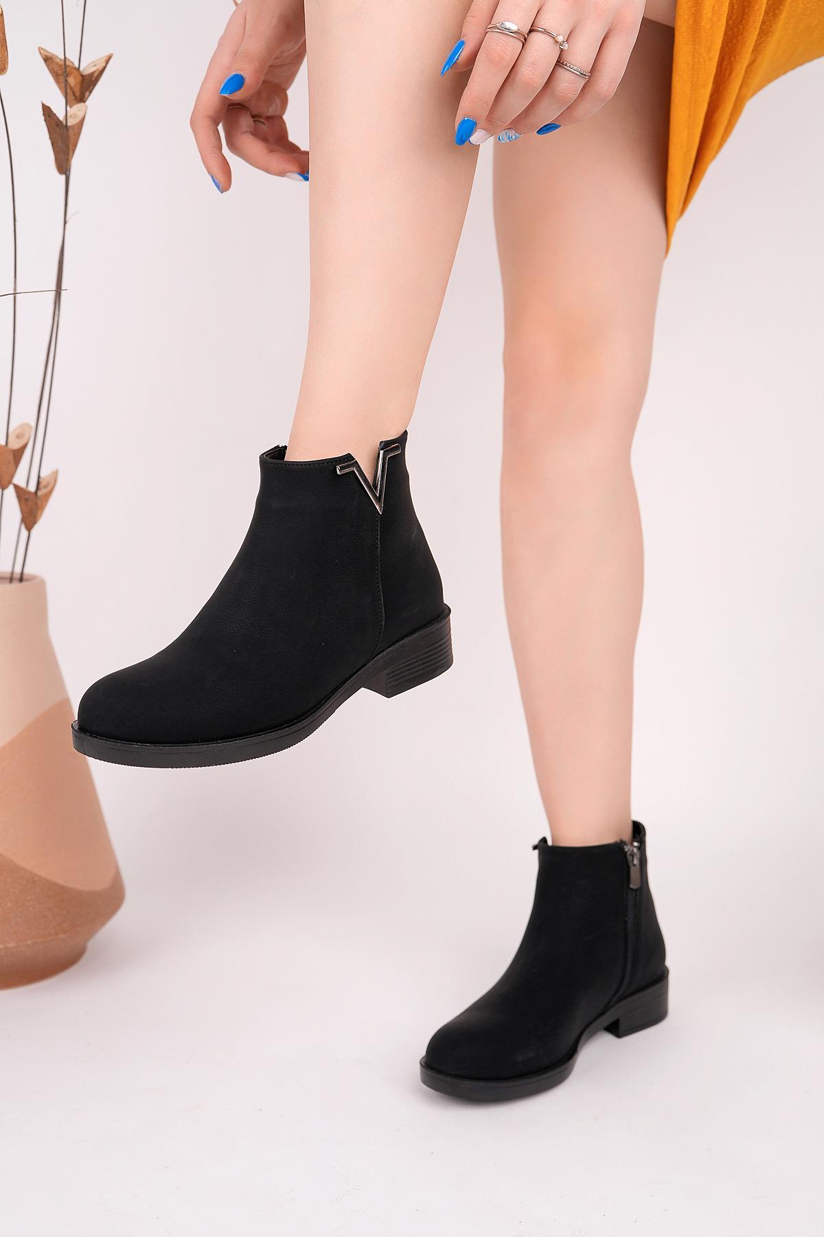 Nesil Shoes Sdf 160 Siyah Zümrüt Fermuarlı Günlük Kadın Bot