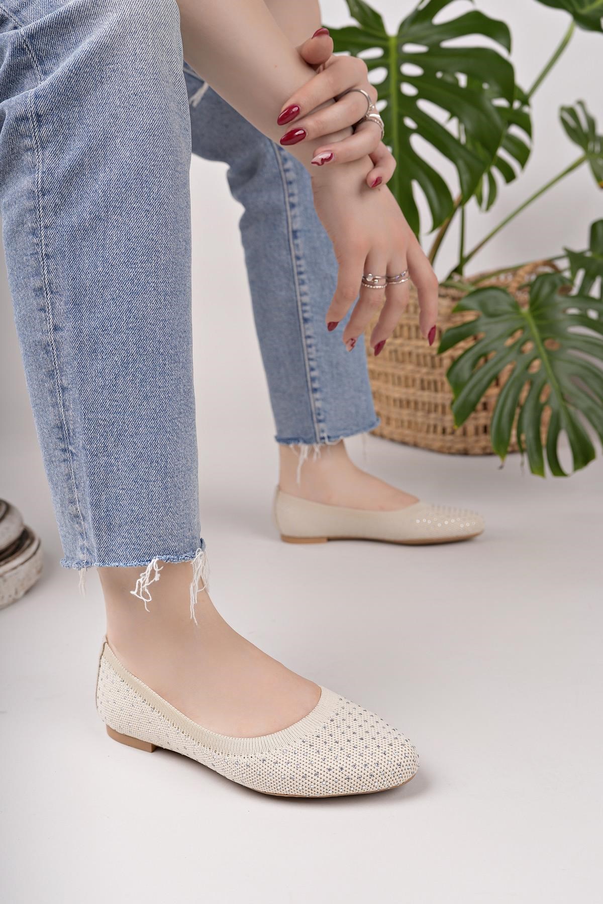 Nesil Shoes Sdf 243 Ten Triko Taşlı Kadın Babet