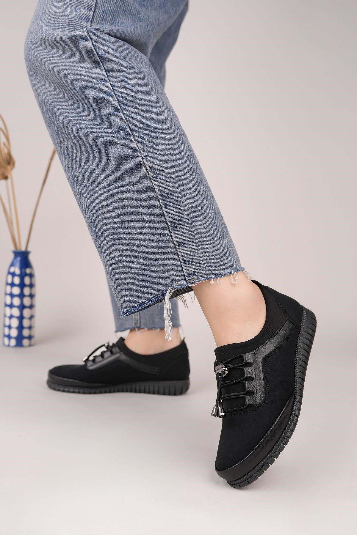 Nesil Shoes Sdf 702-1 Siyah Zümrüt Lastik Bağcıklı Kadın Ayakkabı