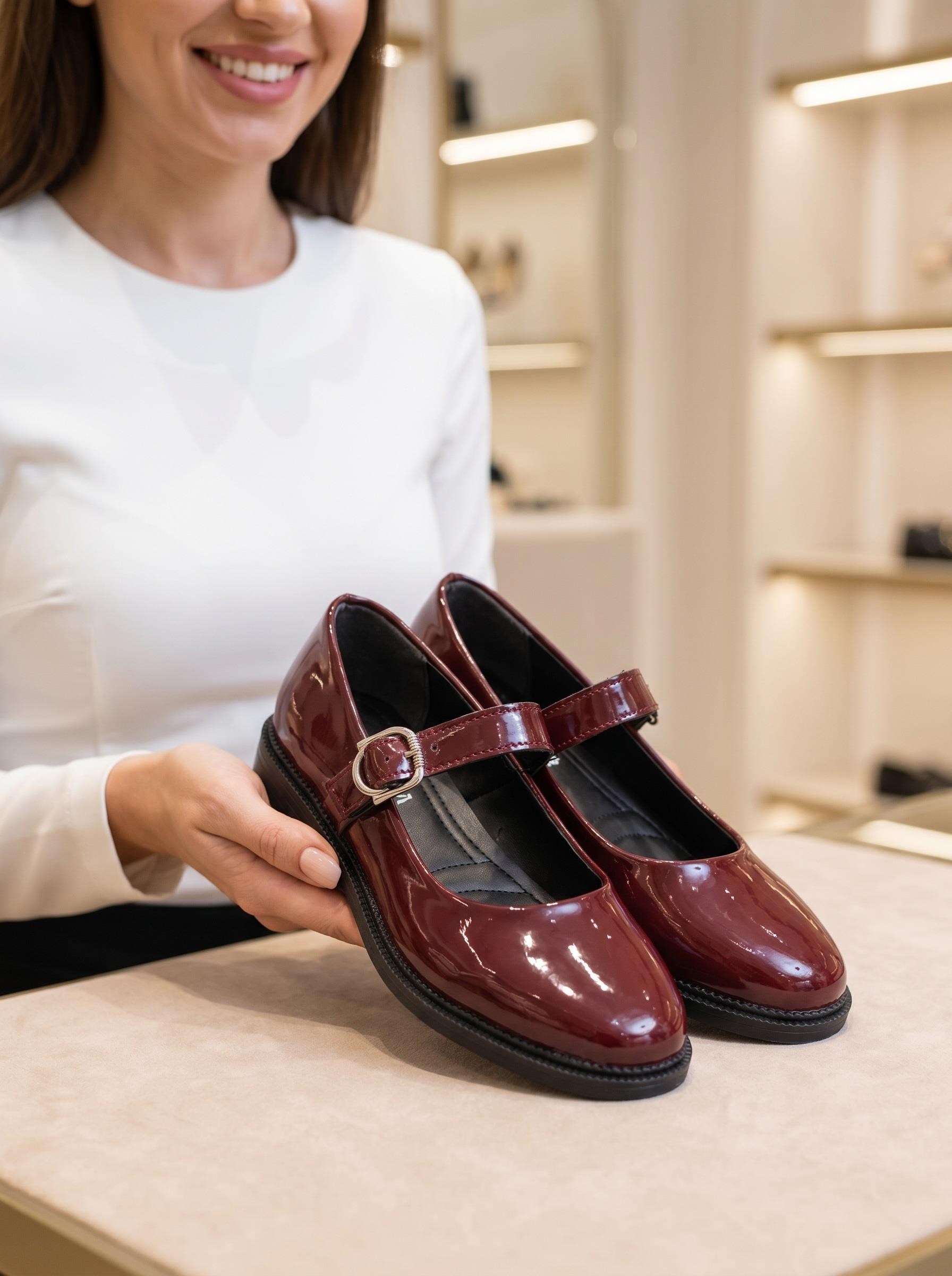 Nesil Shoes Süha 250 Bordo Rugan Tokalı Balerin Kadın Babet