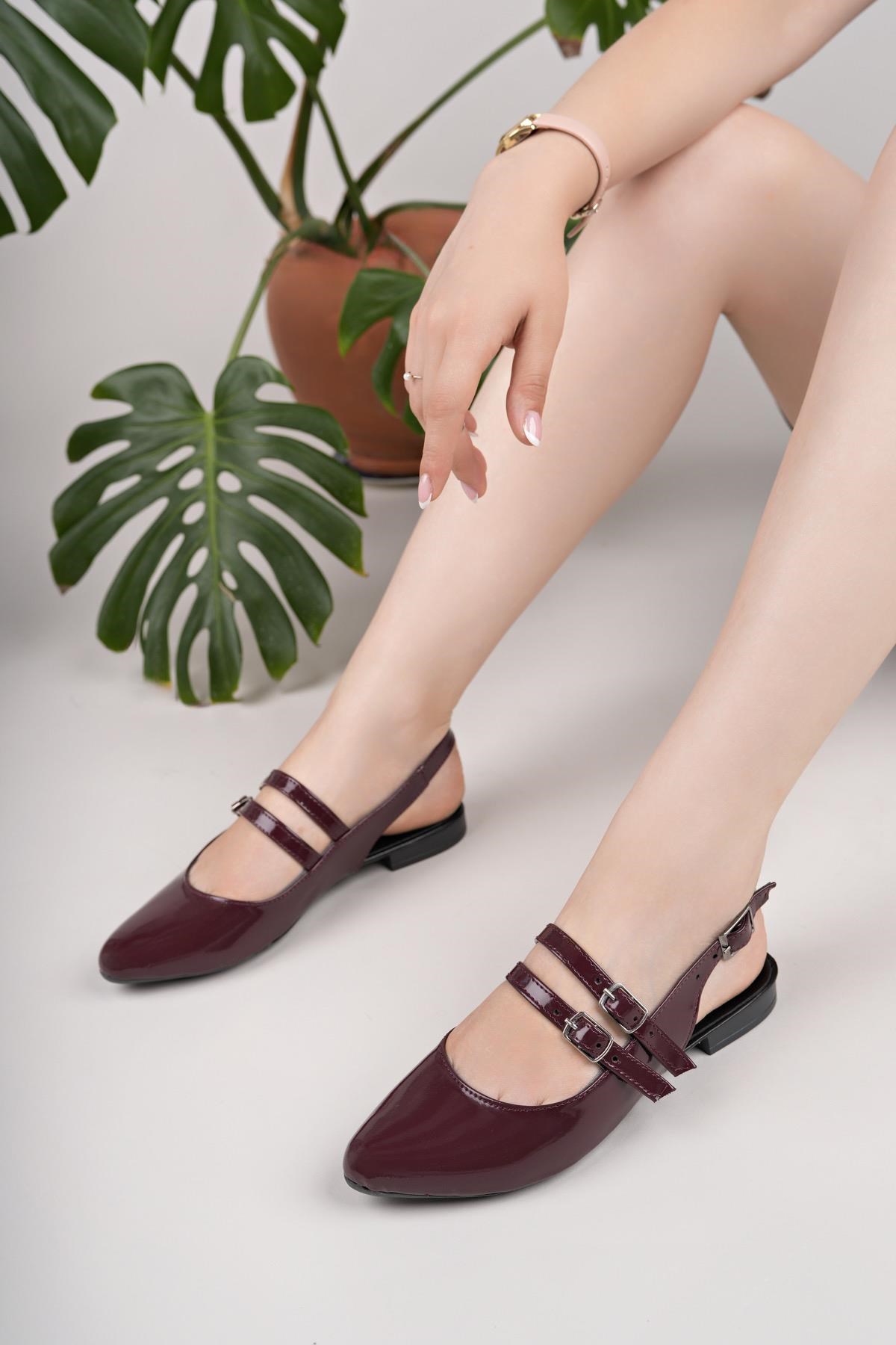 Nesil Shoes Swell 1601 Bordo Rugan Tokalı Kadın Düz Sandalet