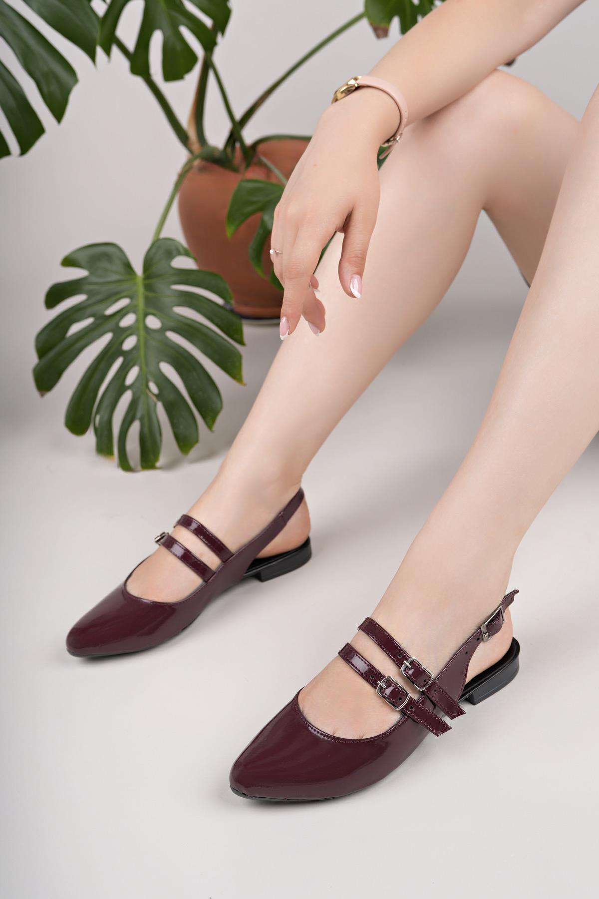 Nesil Shoes Swell 1601 Bordo Rugan Tokalı Kadın Düz Sandalet