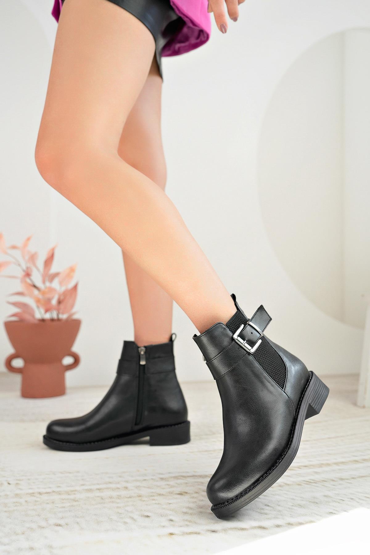 Nesil Shoes Swell 203 Siyah Zümrüt Tokalı Kadın Bot