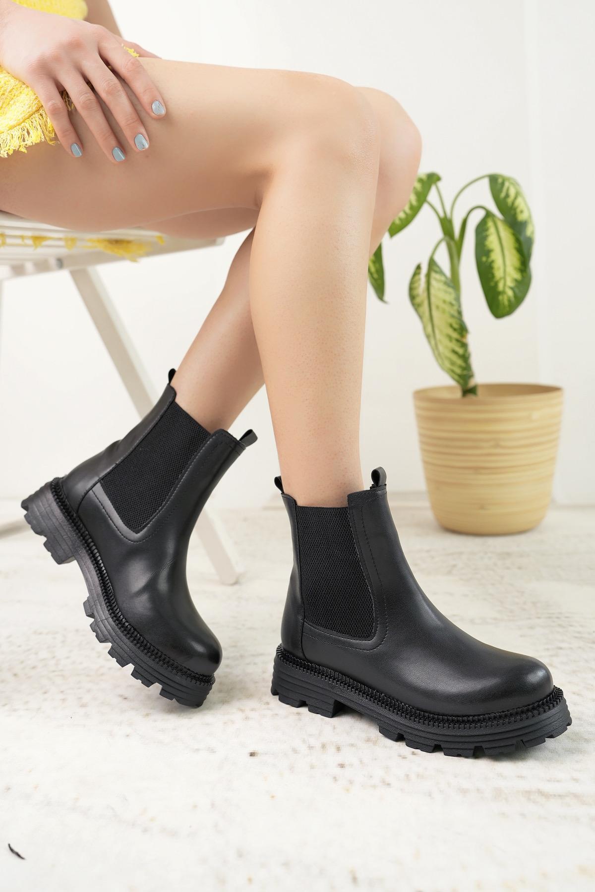 Nesil Shoes Swell 3080 Siyah Çift Lastikli Kadın Bot