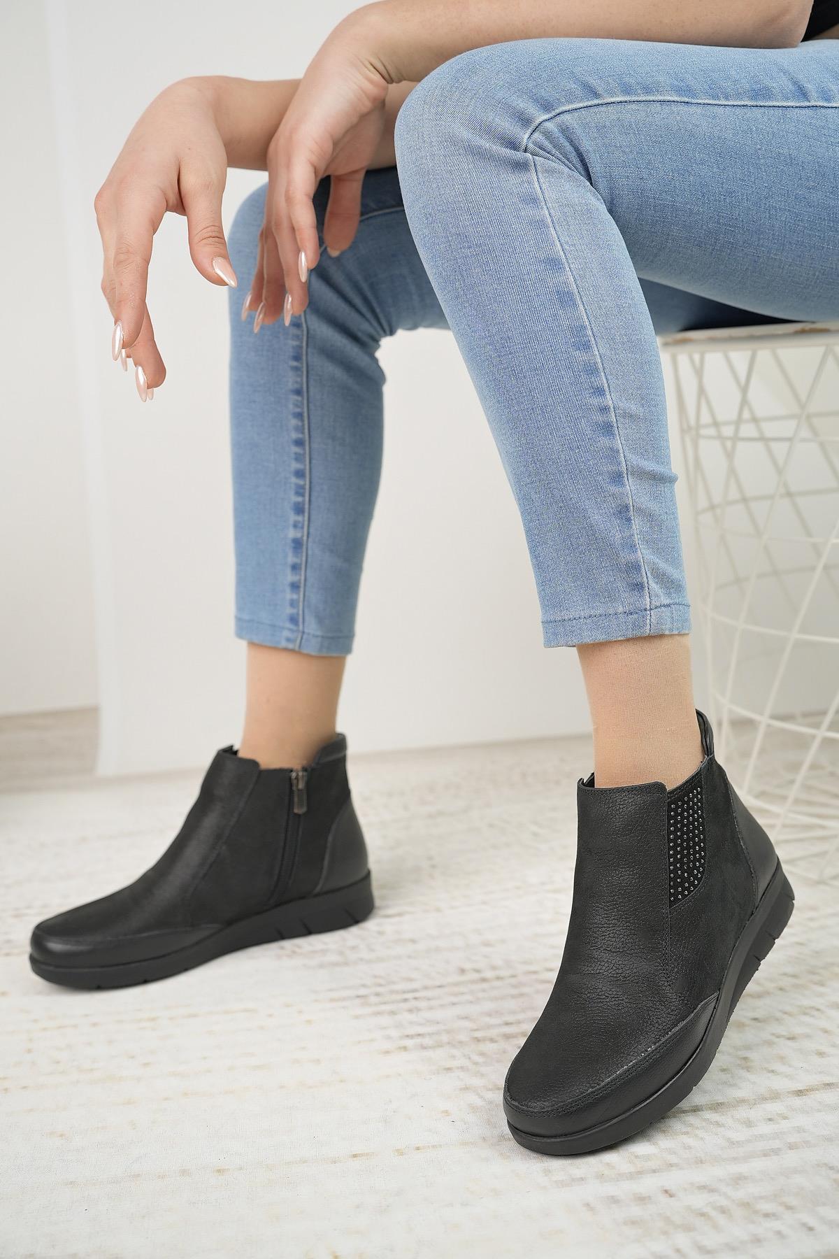 Nesil Shoes Syg P09 Siyah Hakiki Deri Anatomik Kadın Bot