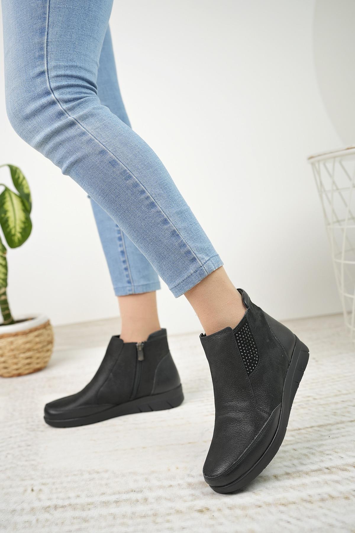 Nesil Shoes Syg P09 Siyah Hakiki Deri Anatomik Kadın Bot