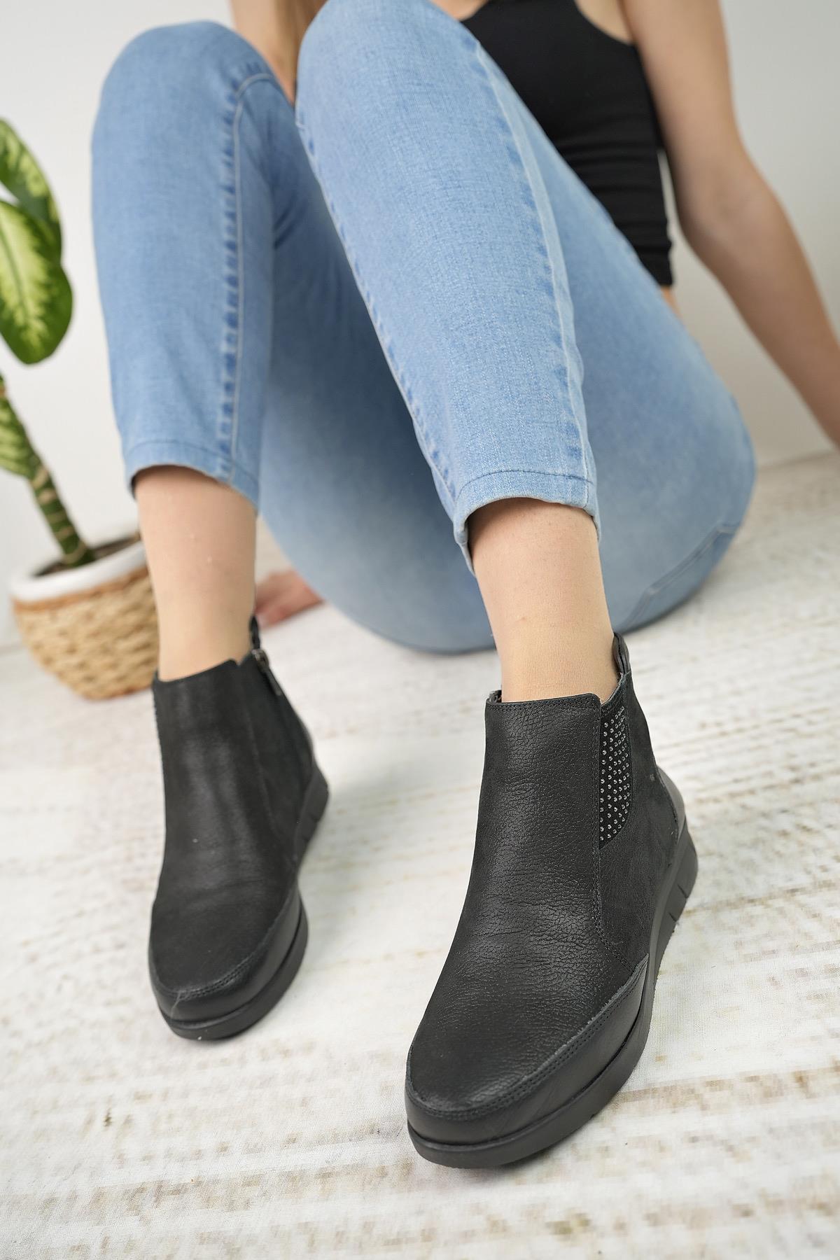 Nesil Shoes Syg P09 Siyah Hakiki Deri Anatomik Kadın Bot