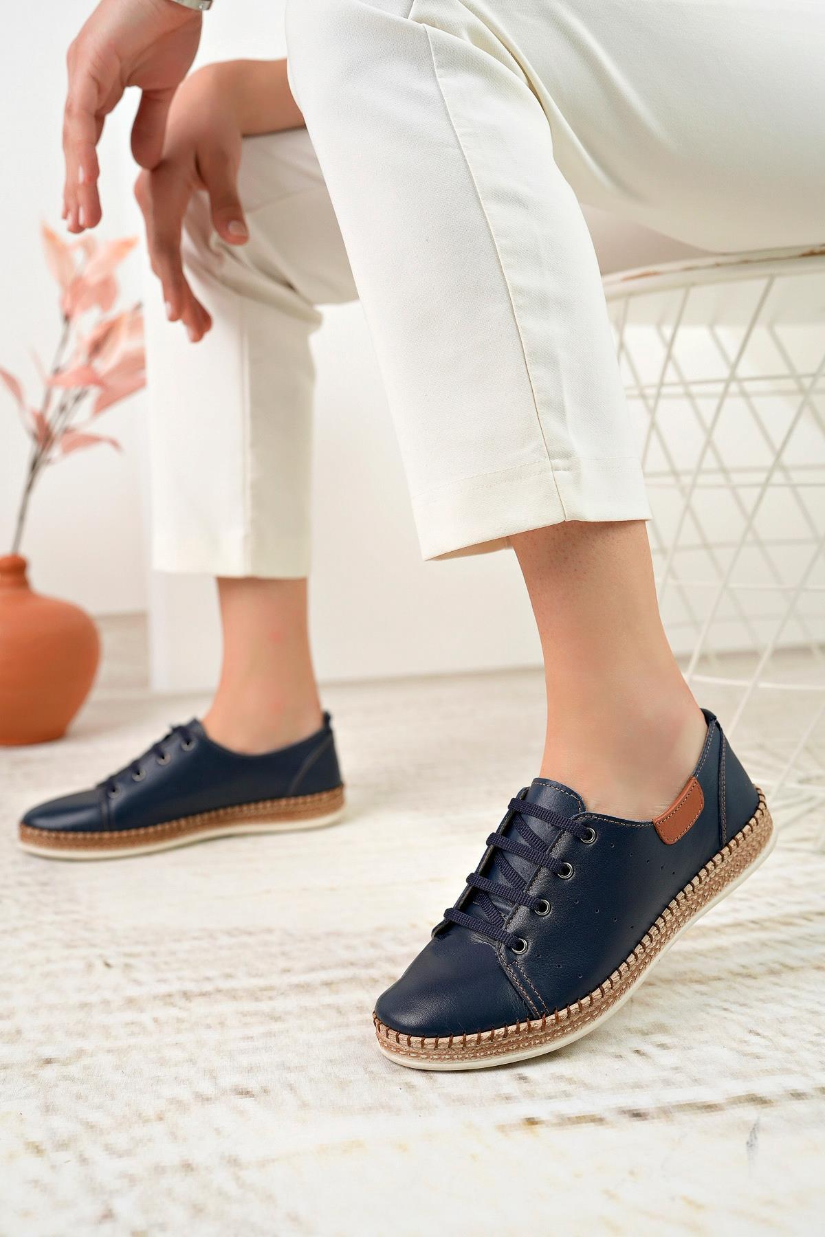 Nesil Shoes Syg P38 Lacivert Hakiki Deri Kadın Ayakkabı