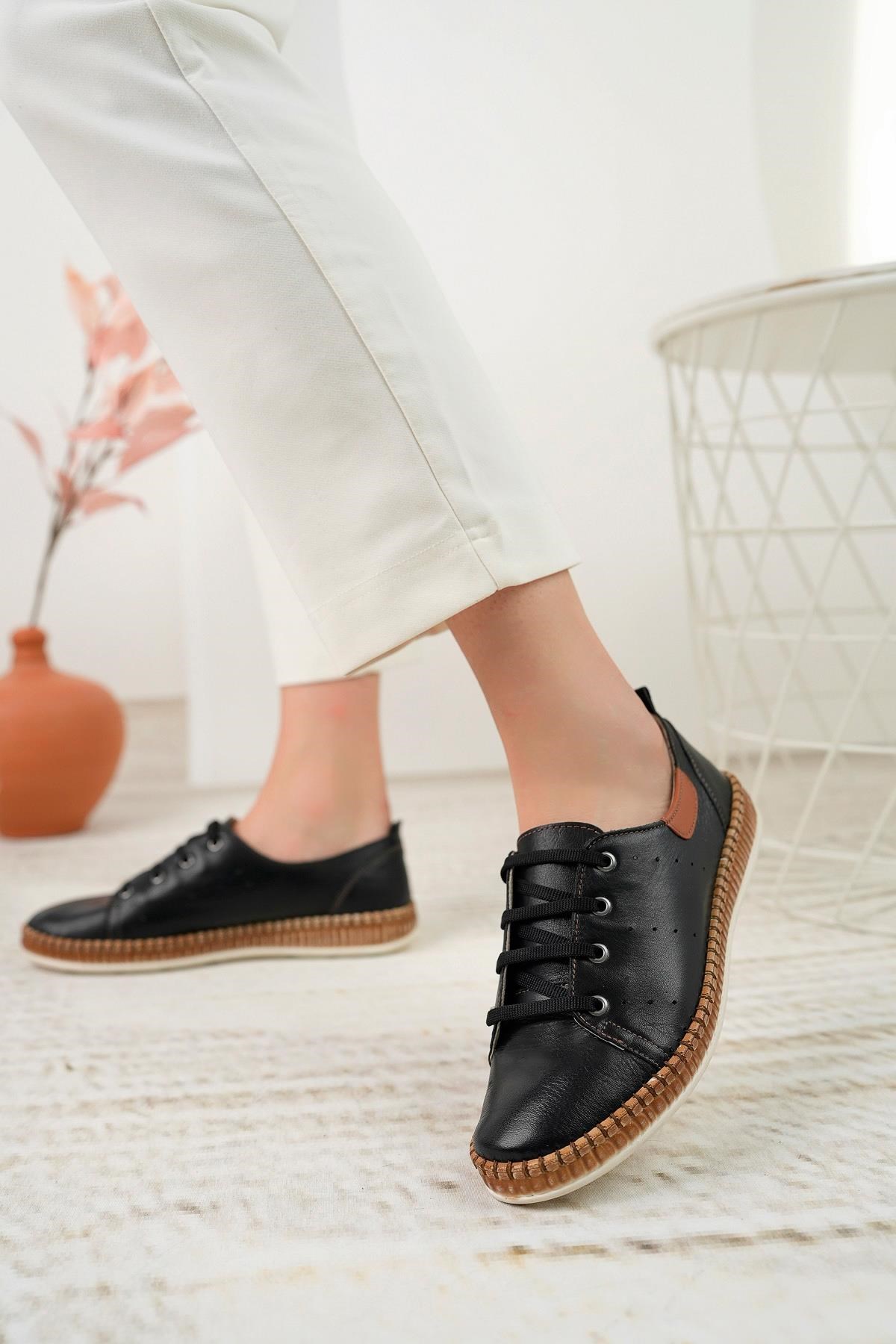 Nesil Shoes Syg P38 Siyah Hakiki Deri Kadın Ayakkabı
