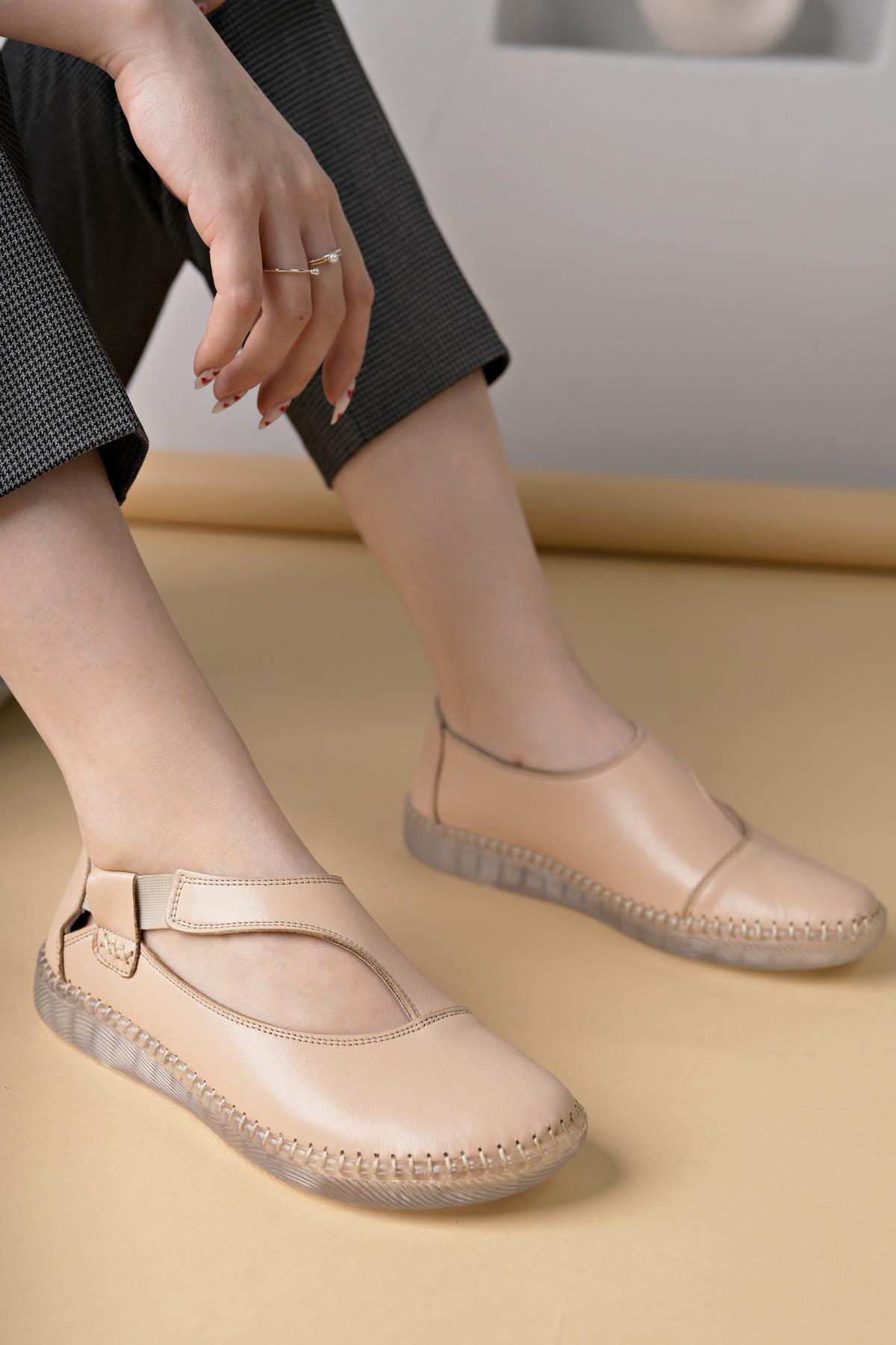 Nesil Shoes Syg P72 Bej Hakiki Deri Şeffaf Taban Kadın Ayakkabı