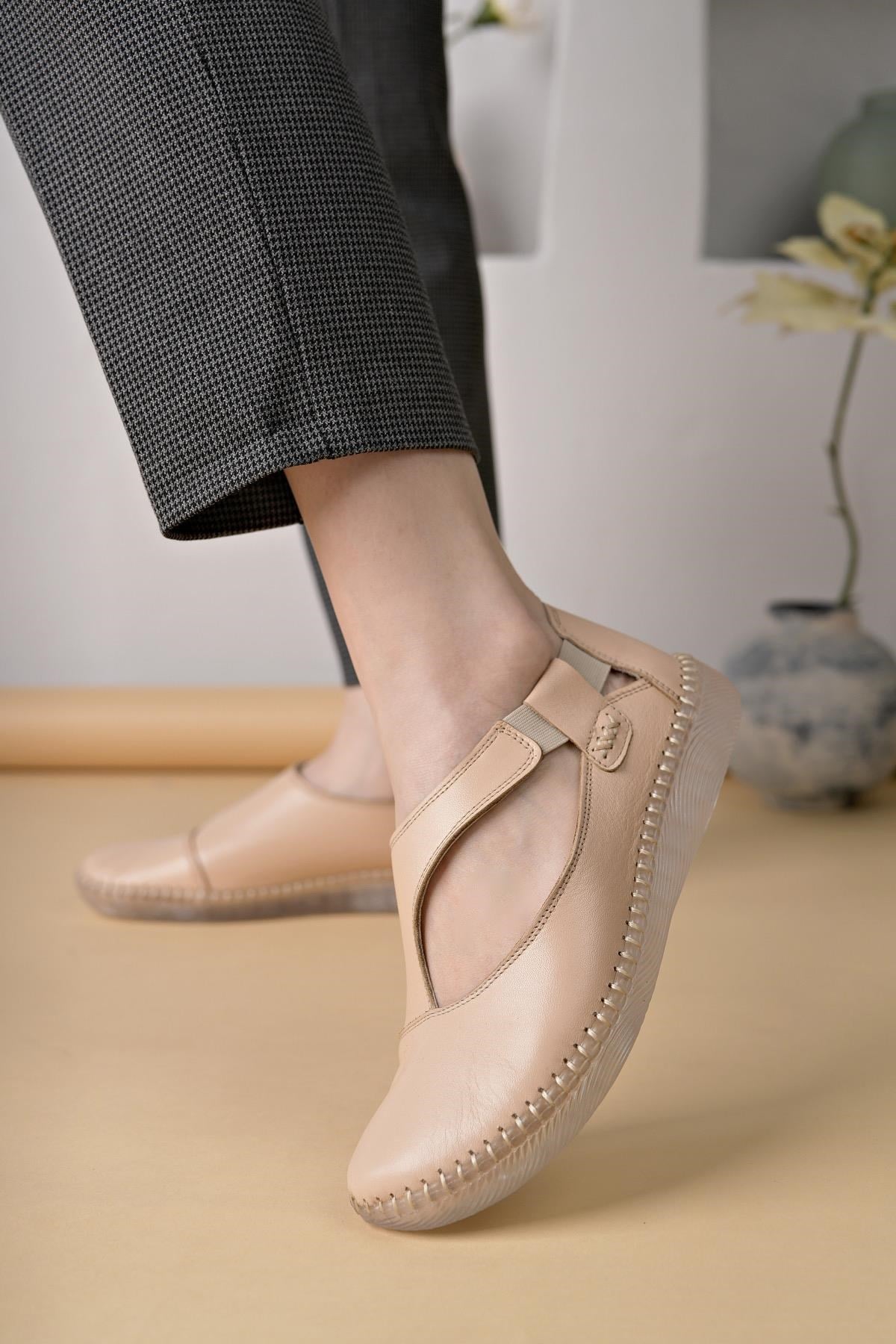 Nesil Shoes Syg P72 Bej Hakiki Deri Şeffaf Taban Kadın Ayakkabı