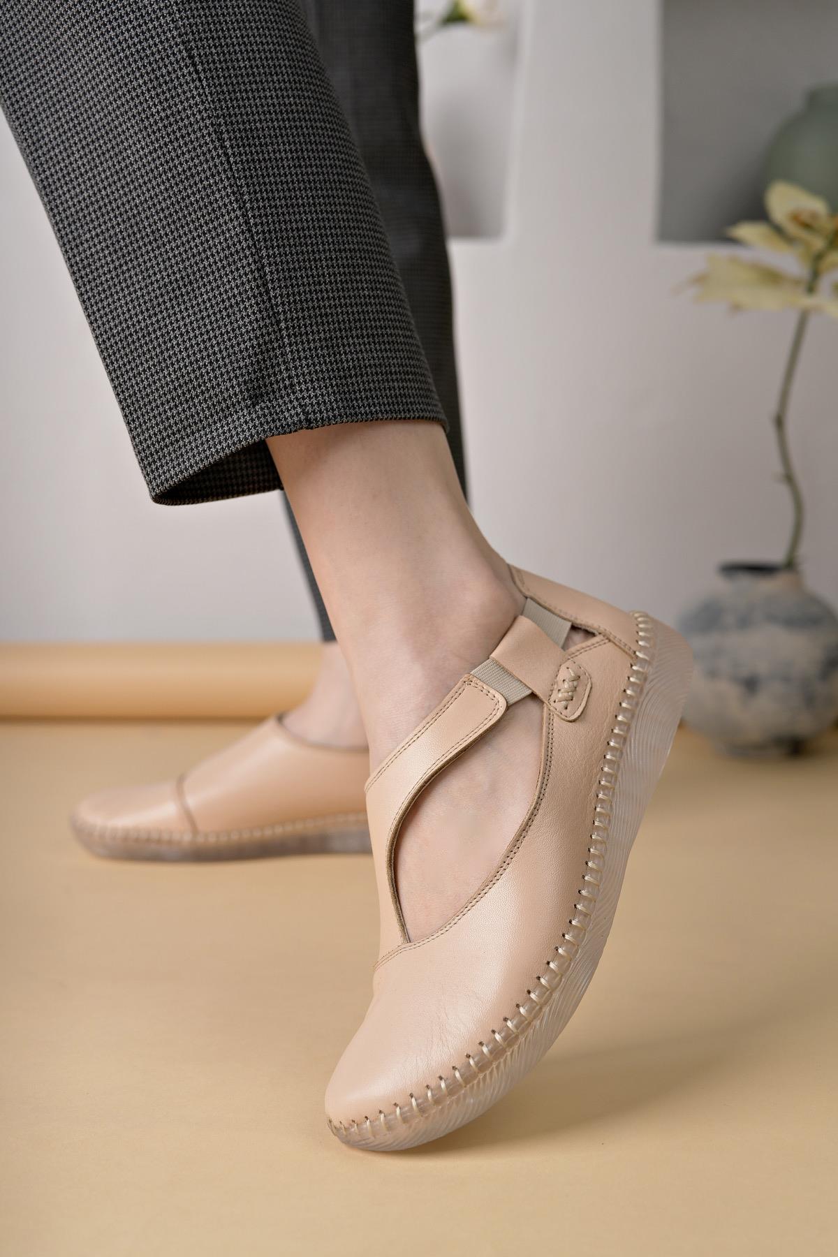 Nesil Shoes Syg P72 Bej Hakiki Deri Şeffaf Taban Kadın Ayakkabı