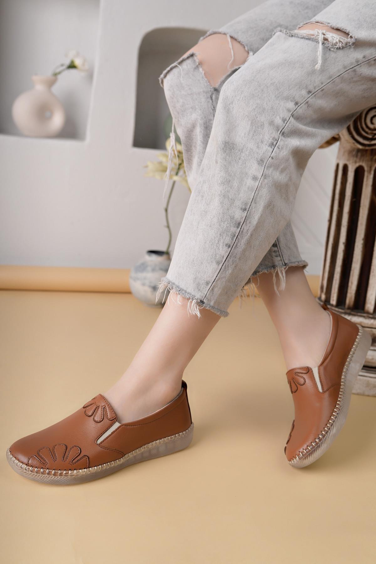 Nesil Shoes Syg P74 Taba Hakiki Deri Şeffaf Taban Kadın Ayakkabı