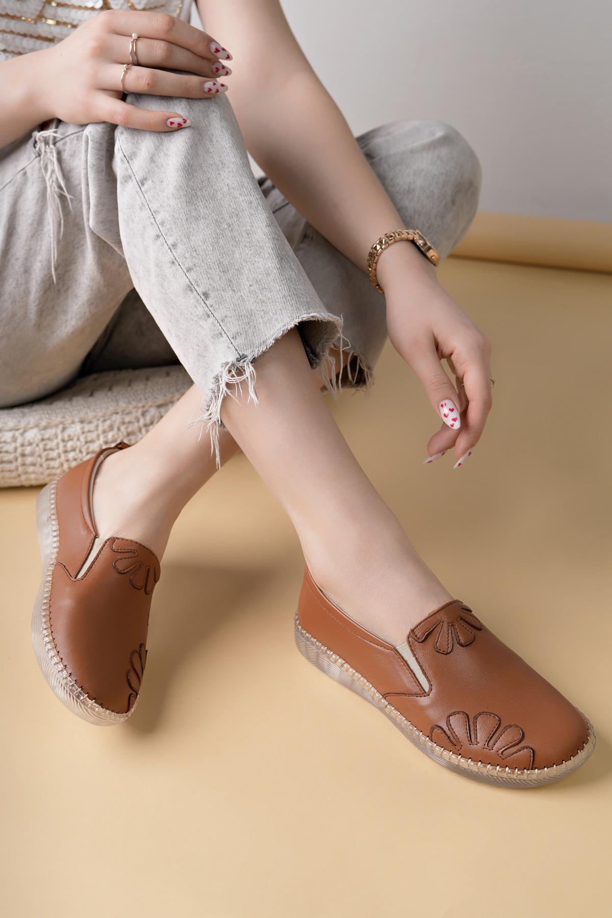 Nesil Shoes Syg P74 Taba Hakiki Deri Şeffaf Taban Kadın Ayakkabı