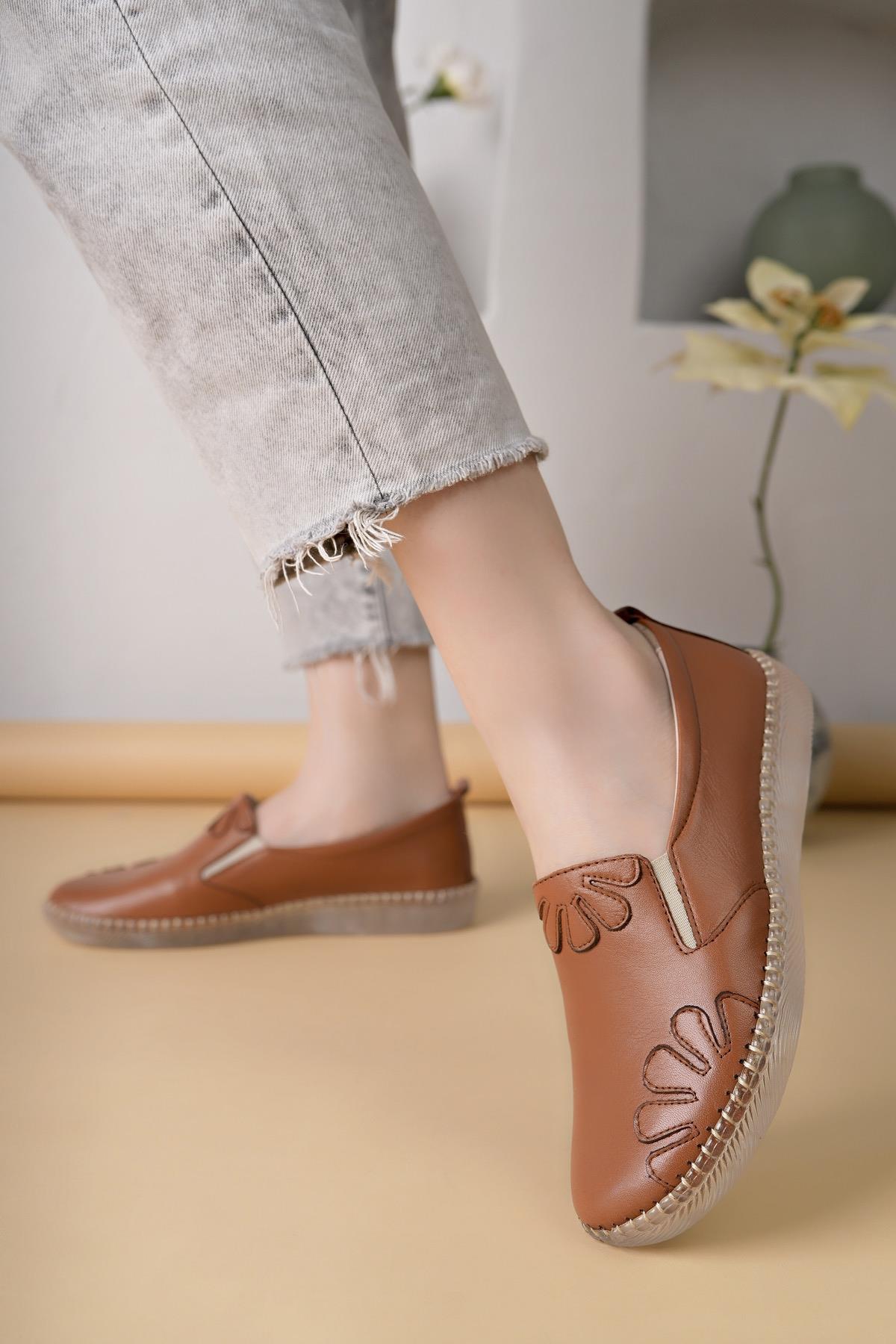 Nesil Shoes Syg P74 Taba Hakiki Deri Şeffaf Taban Kadın Ayakkabı