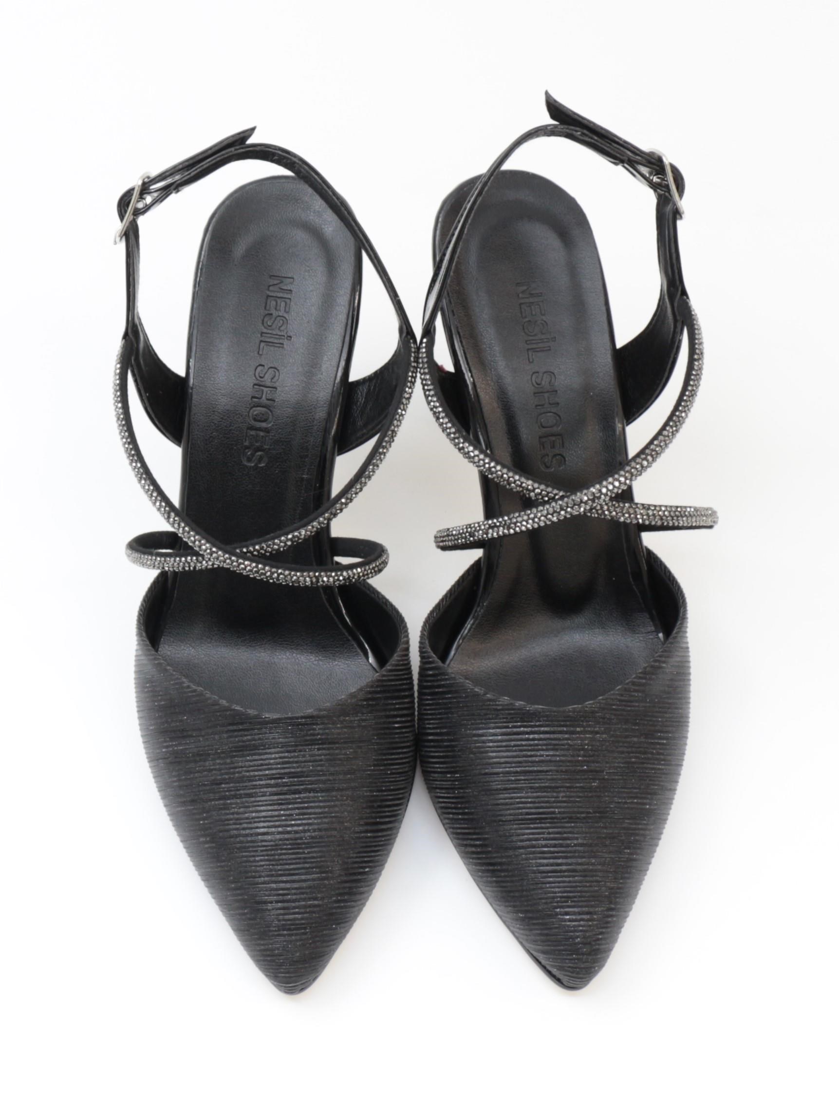 Nesil Shoes Tam 182 Siyah Simli Topuklu Kadın Sandalet