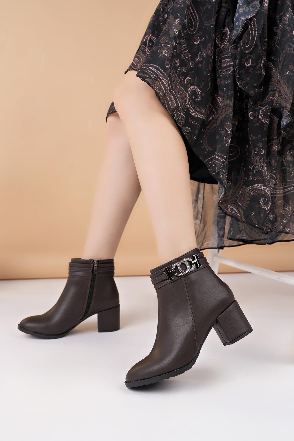 Nesil Shoes Tarha 103 Kahve Fermuarlı Kışlık Kadın Bot 