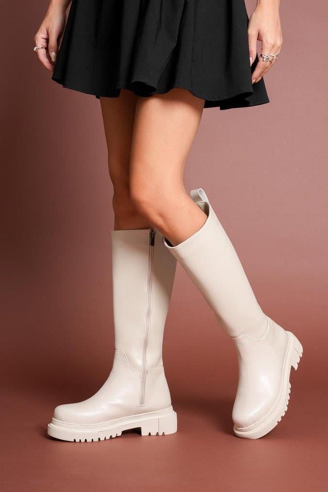 Nesil Shoes Toz 1978 Bej Fermuarlı Günlük Kadın Çizme