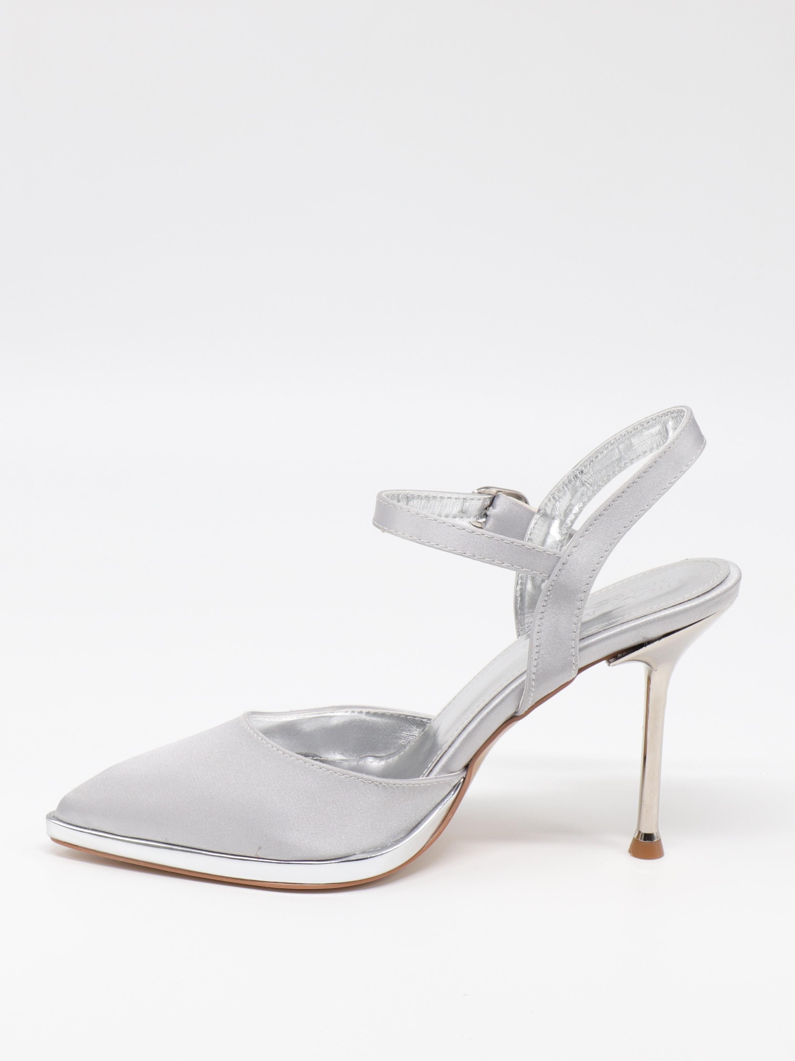 Nesil Shoes Uraz 600 Gümüş Saten Arkası Açık Topuklu Kadın Ayakkabı