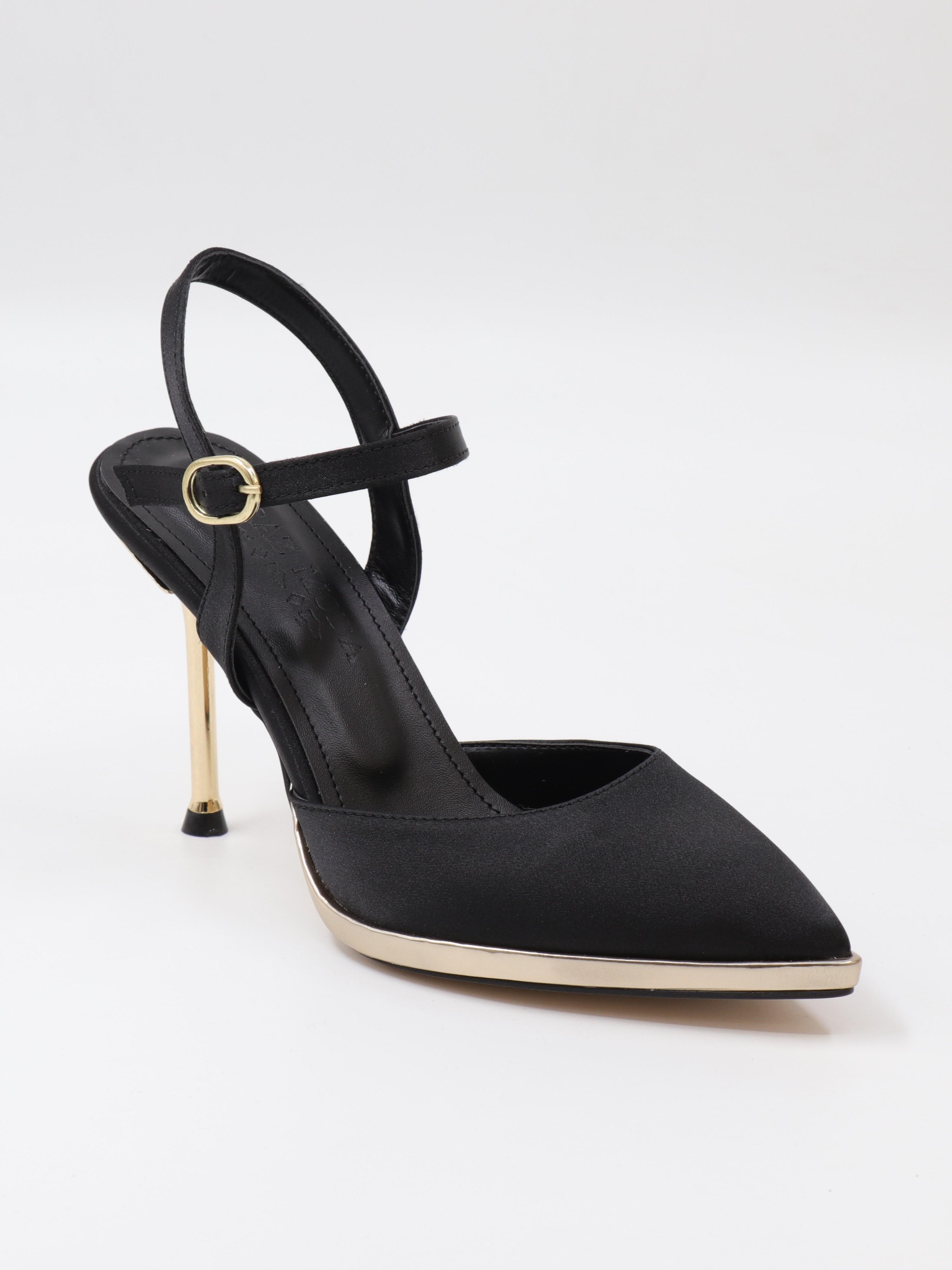 Nesil Shoes Uraz 600 Siyah Saten Altın Topuklu Kadın Sandalet
