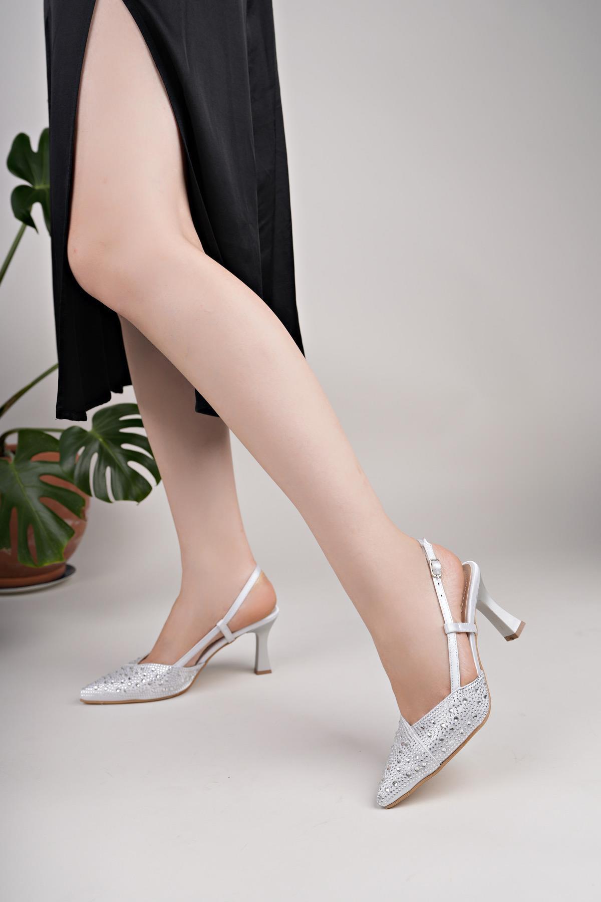 Nesil Shoes Uraz 720 Gümüş Taşlı Topuklu Kadın Sandalet