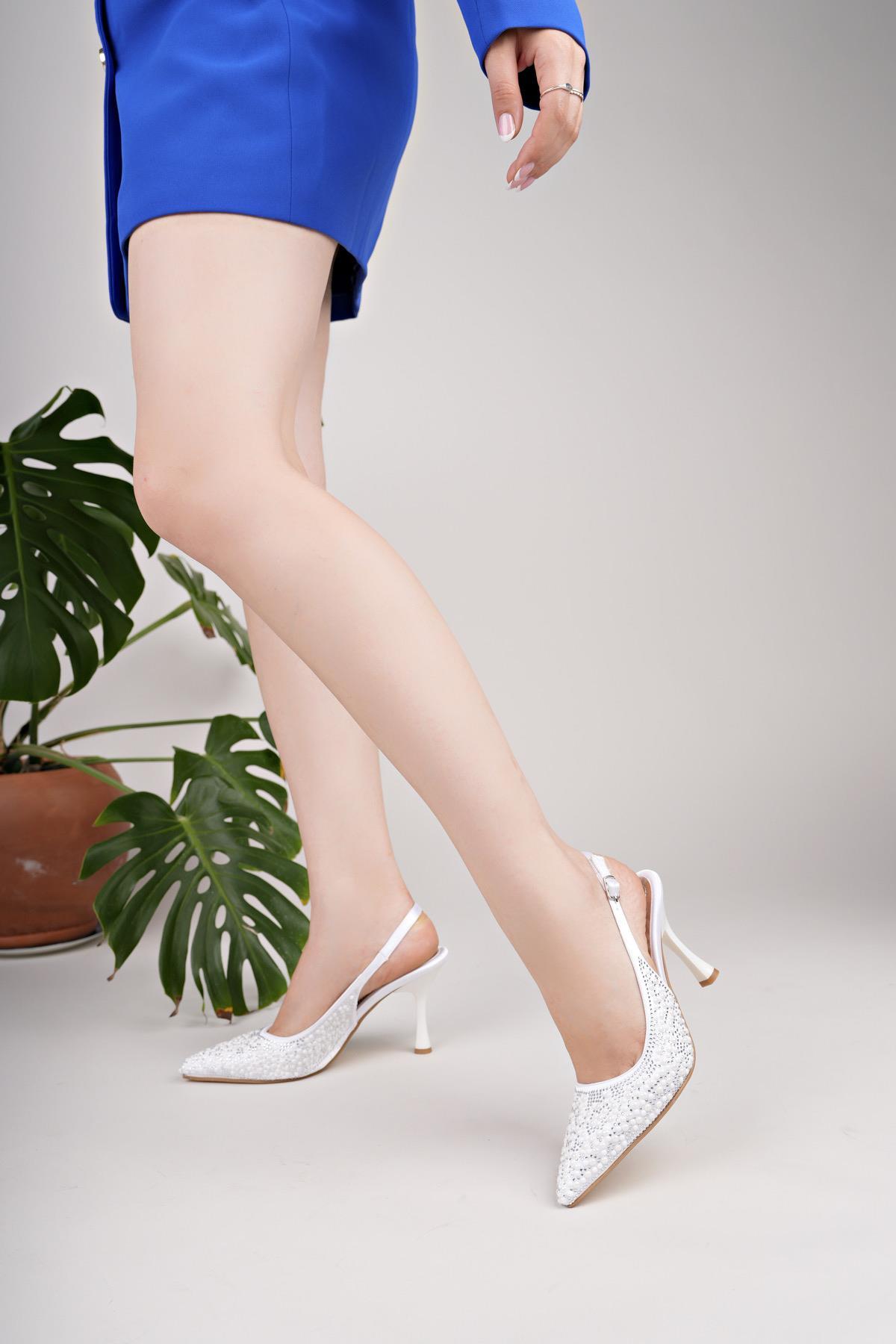 Nesil Shoes Uraz 760 Beyaz Taşlı Topuklu Kadın Sandalet