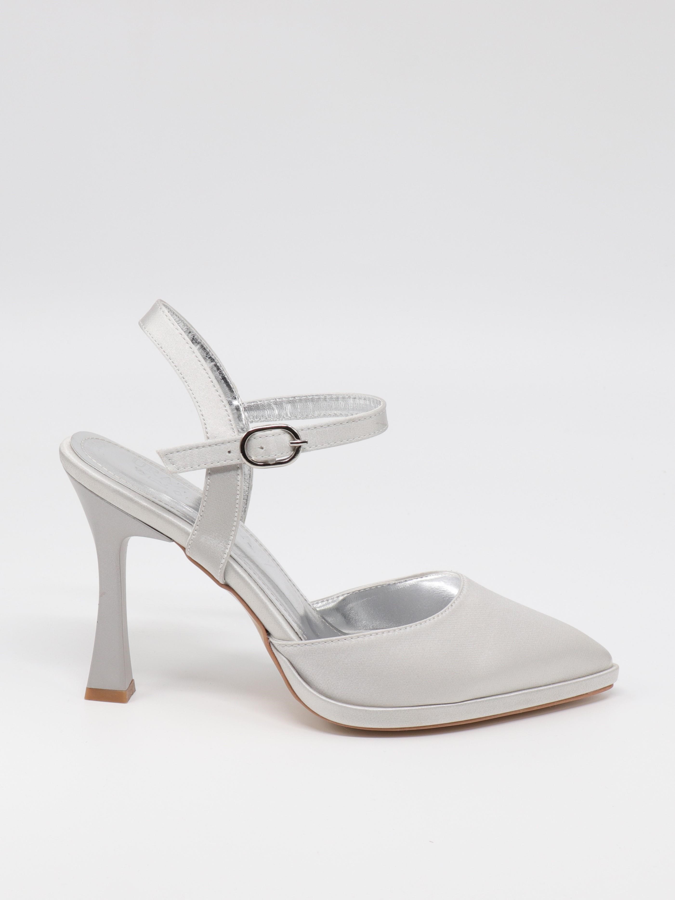 Nesil Shoes Uraz 775 Gümüş Saten Arkası Açık Topuklu Kadın Ayakkabı