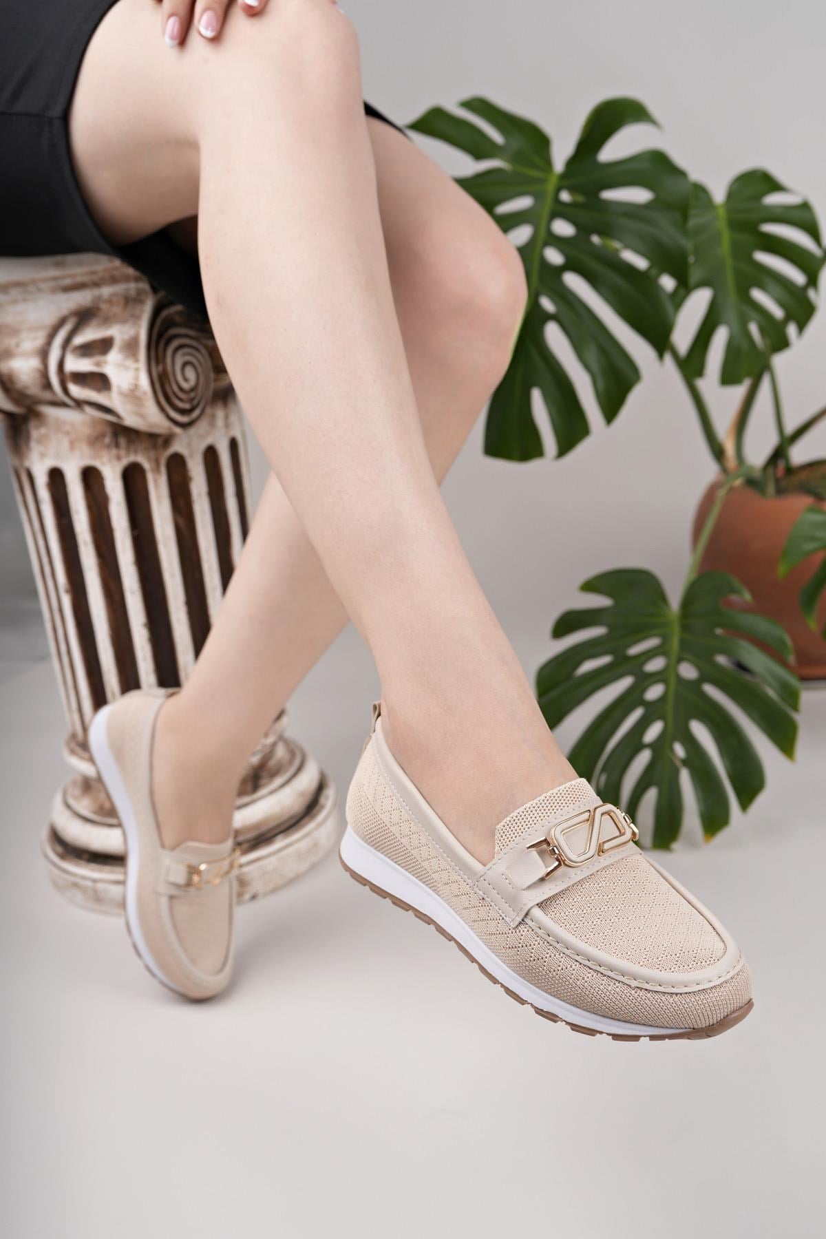 Nesil Shoes Wiss 0272 Bej Triko Örgü Kadın Ayakkabı