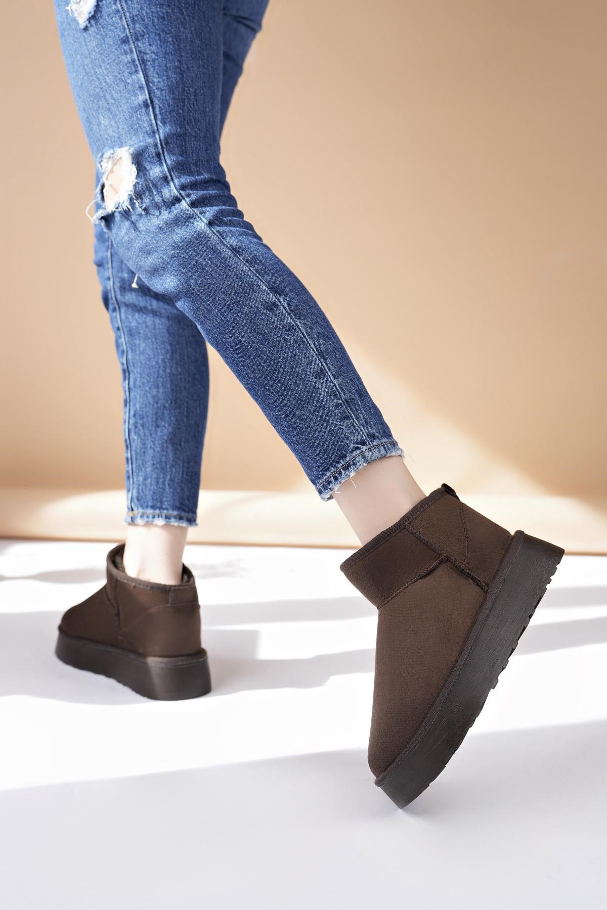 Nesil Shoes Ypr 8391 Kahve Süet İçi Kürklü Su İtici Kadın Bot